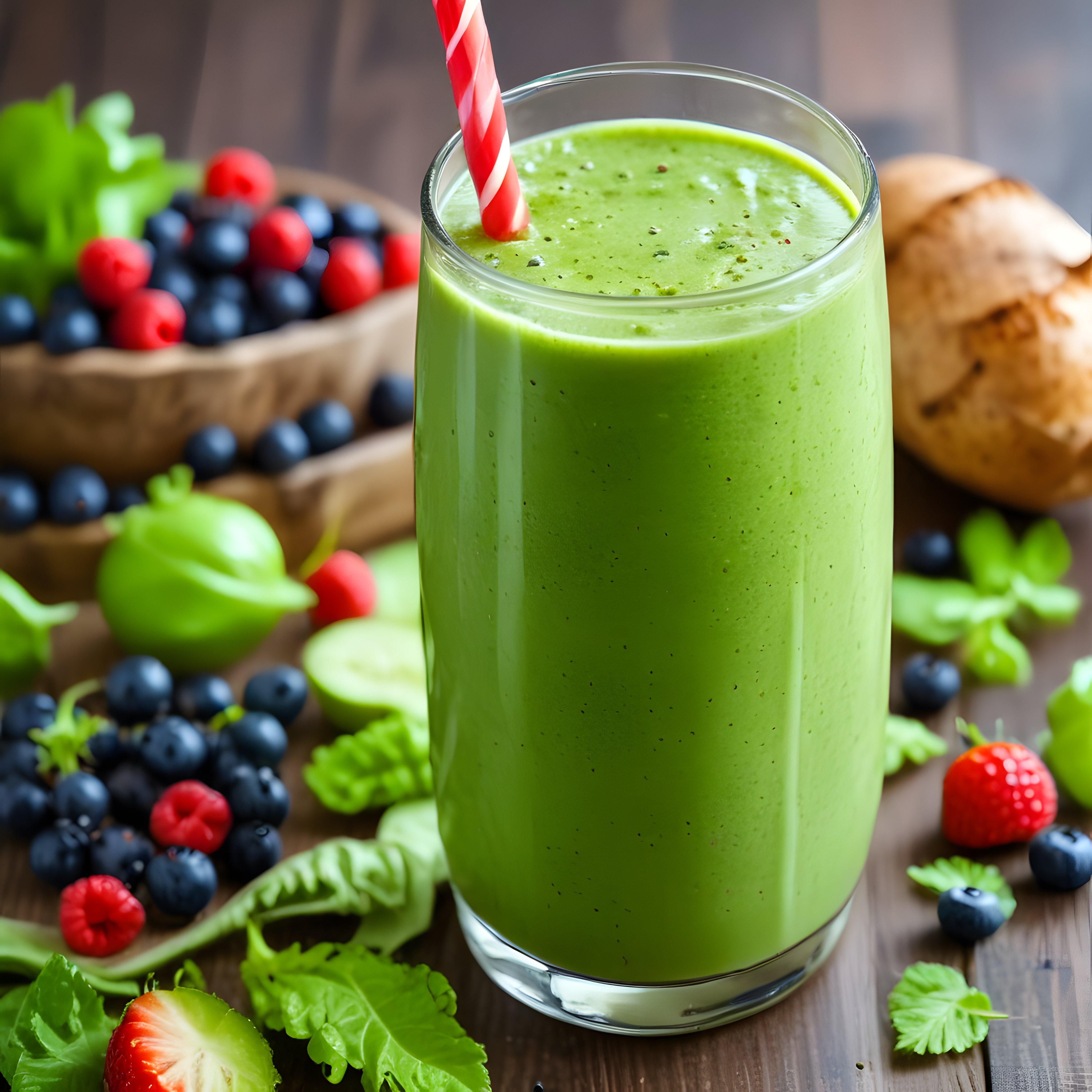 Taze Meyvelerle Çevrili Kremsi Yeşil Smoothie ve Kırmızı Pipet Detayı