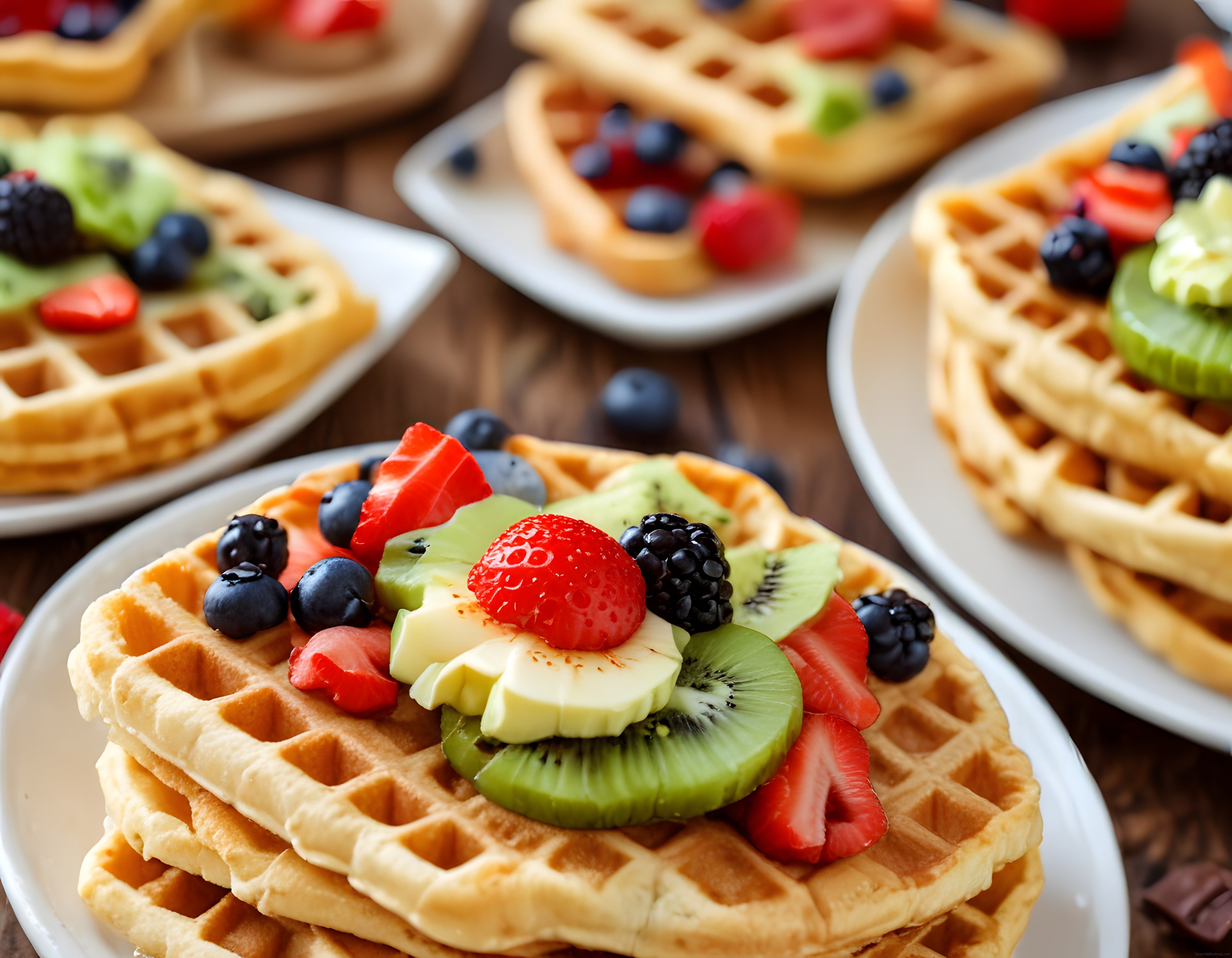 Taze Meyvelerle Süslenmiş Altın Rengi Waffle Tarifi ve Kahvaltı Sunumu