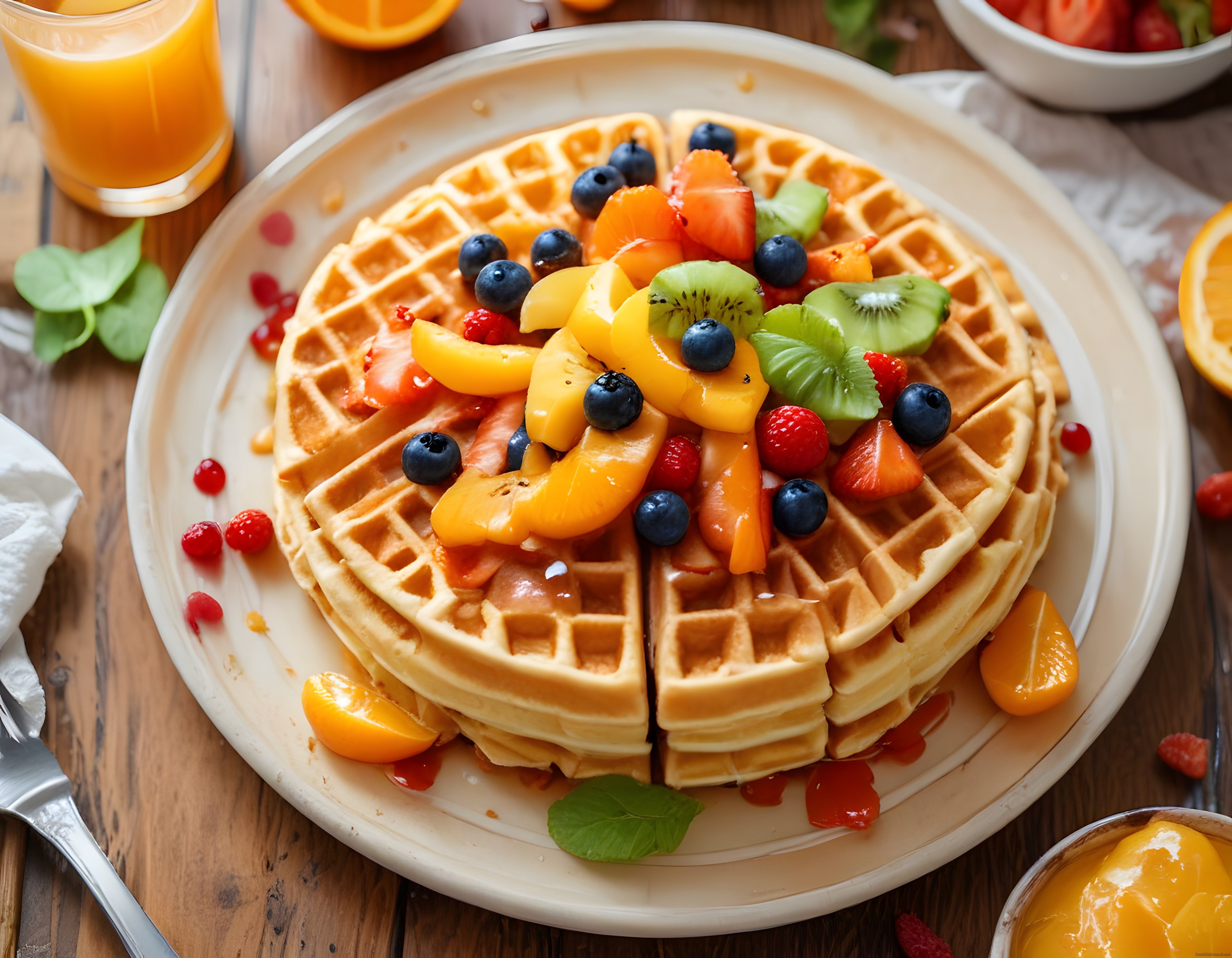 Taze Meyvelerle Süslenmiş Altın Rengi Waffle ve Portakal Suyu Kahvaltı Tabağı