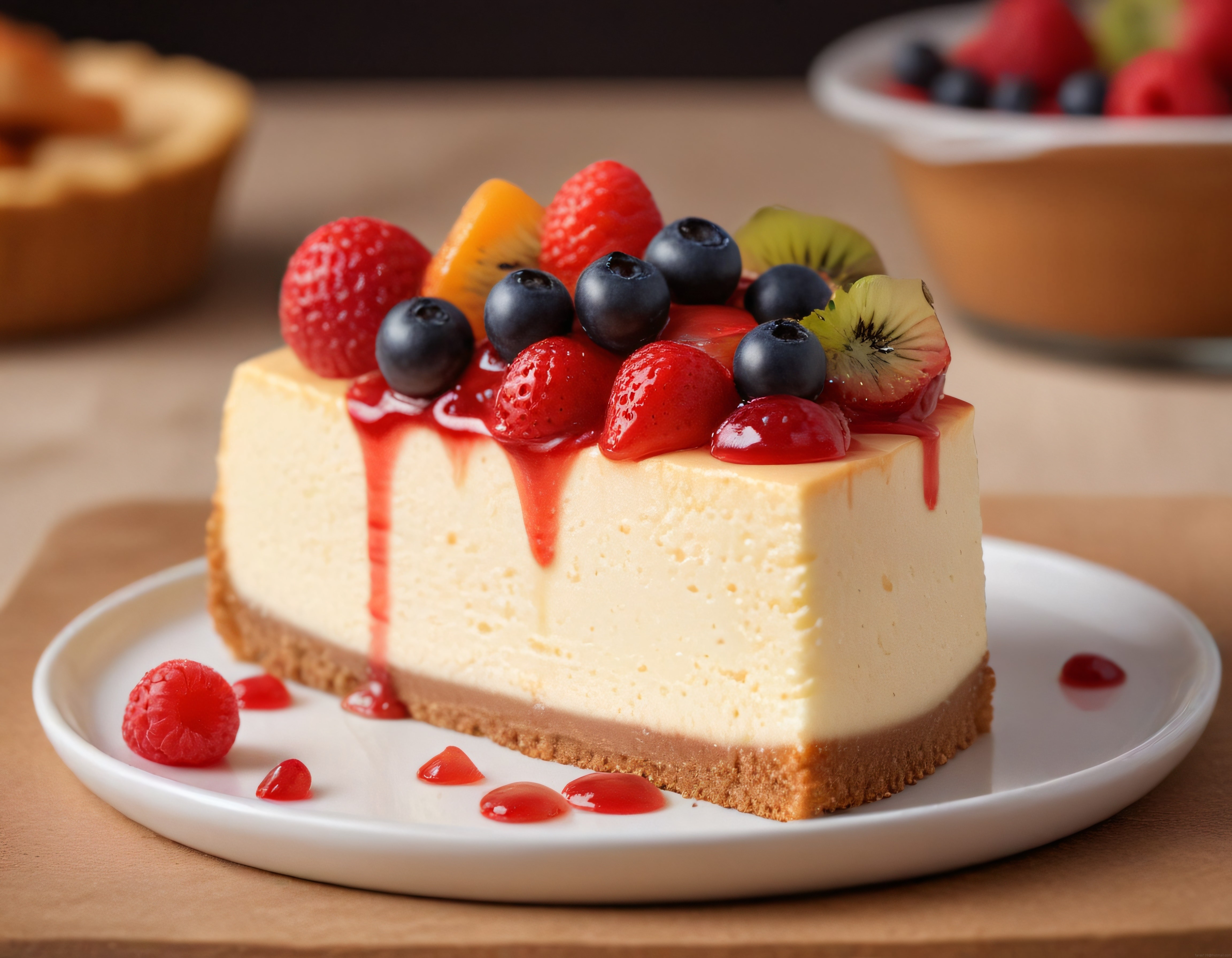 Taze Meyvelerle Süslenmiş Çilek Soslu Cheesecake Dilimi Sunumu