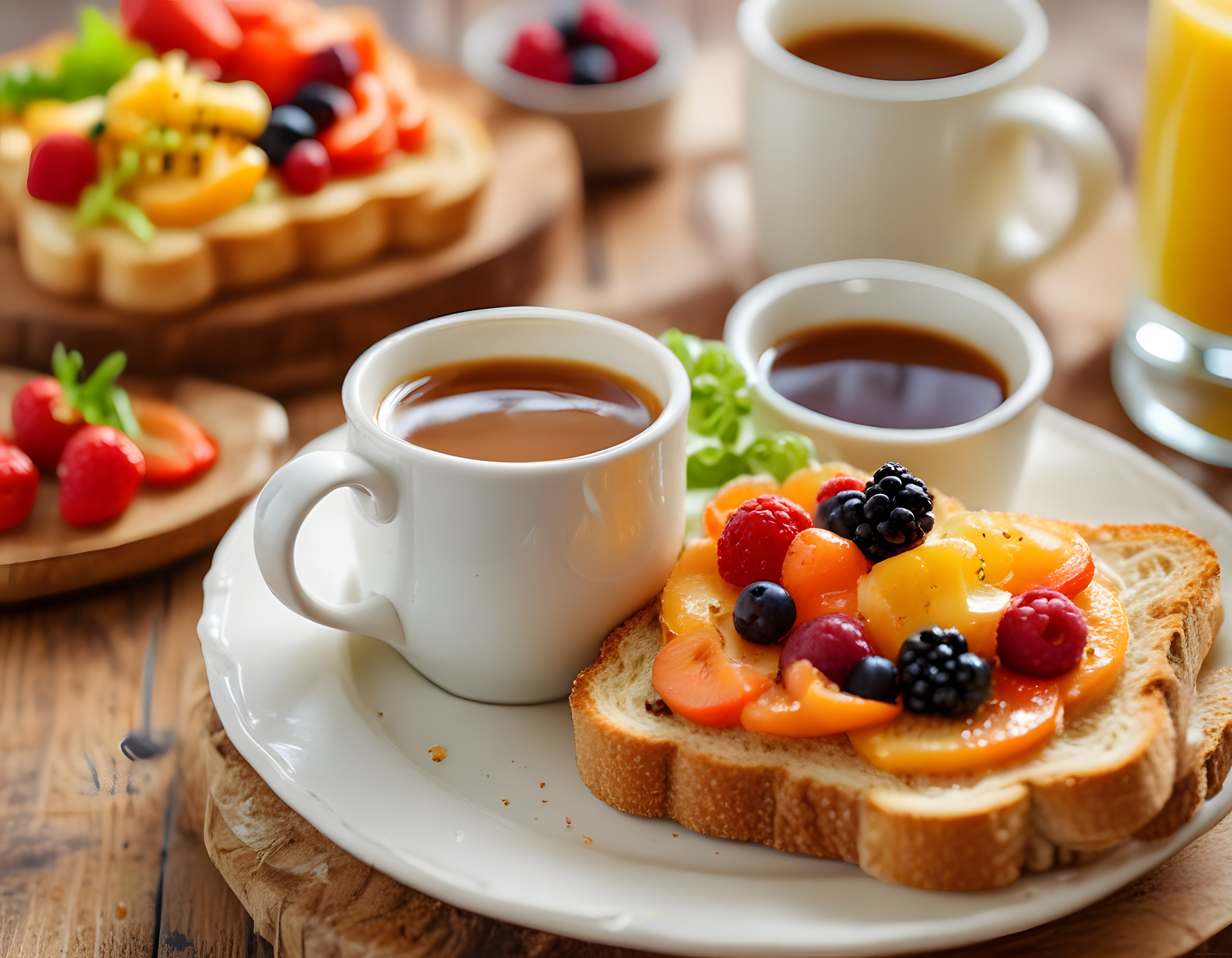Taze meyvelerle süslenmiş french toast ve kahve eşliğinde kahvaltı masası