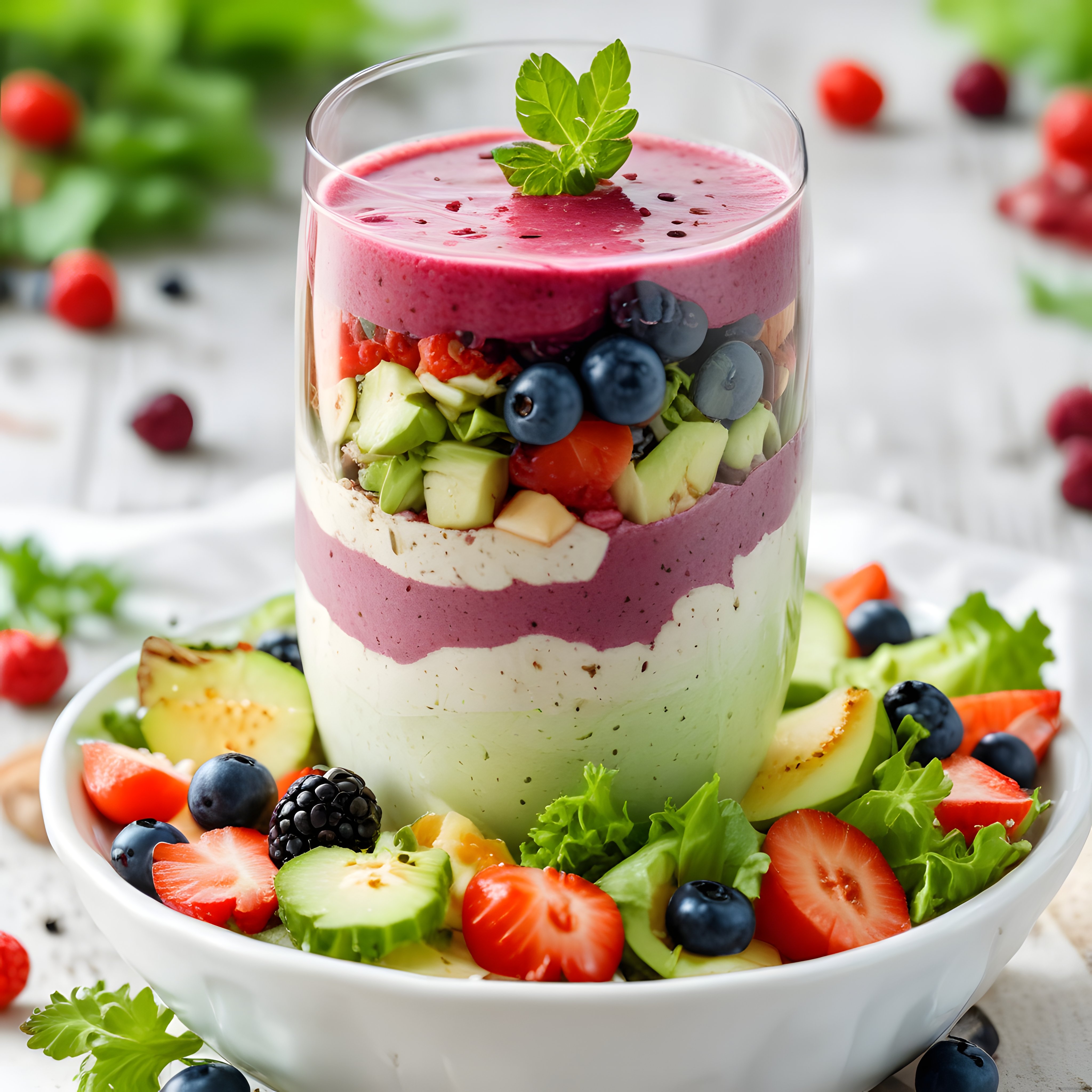 Taze Meyvelerle Süslenmiş Katmanlı Smoothie ve Sağlıklı Kahvaltı Parfaiti