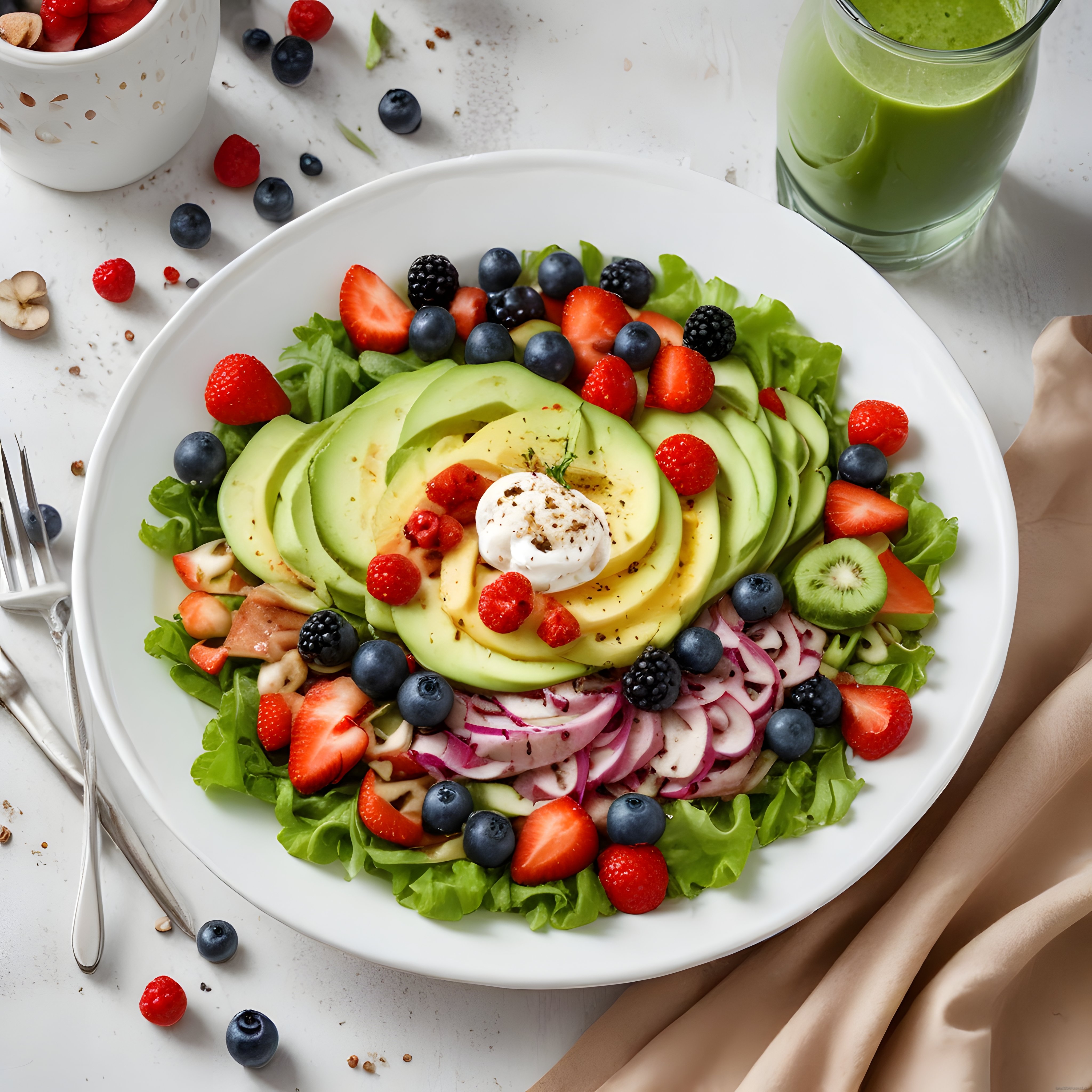 Taze Meyveli Avokado Kasesi ve Yeşil Smoothie ile Sağlıklı Kahvaltı