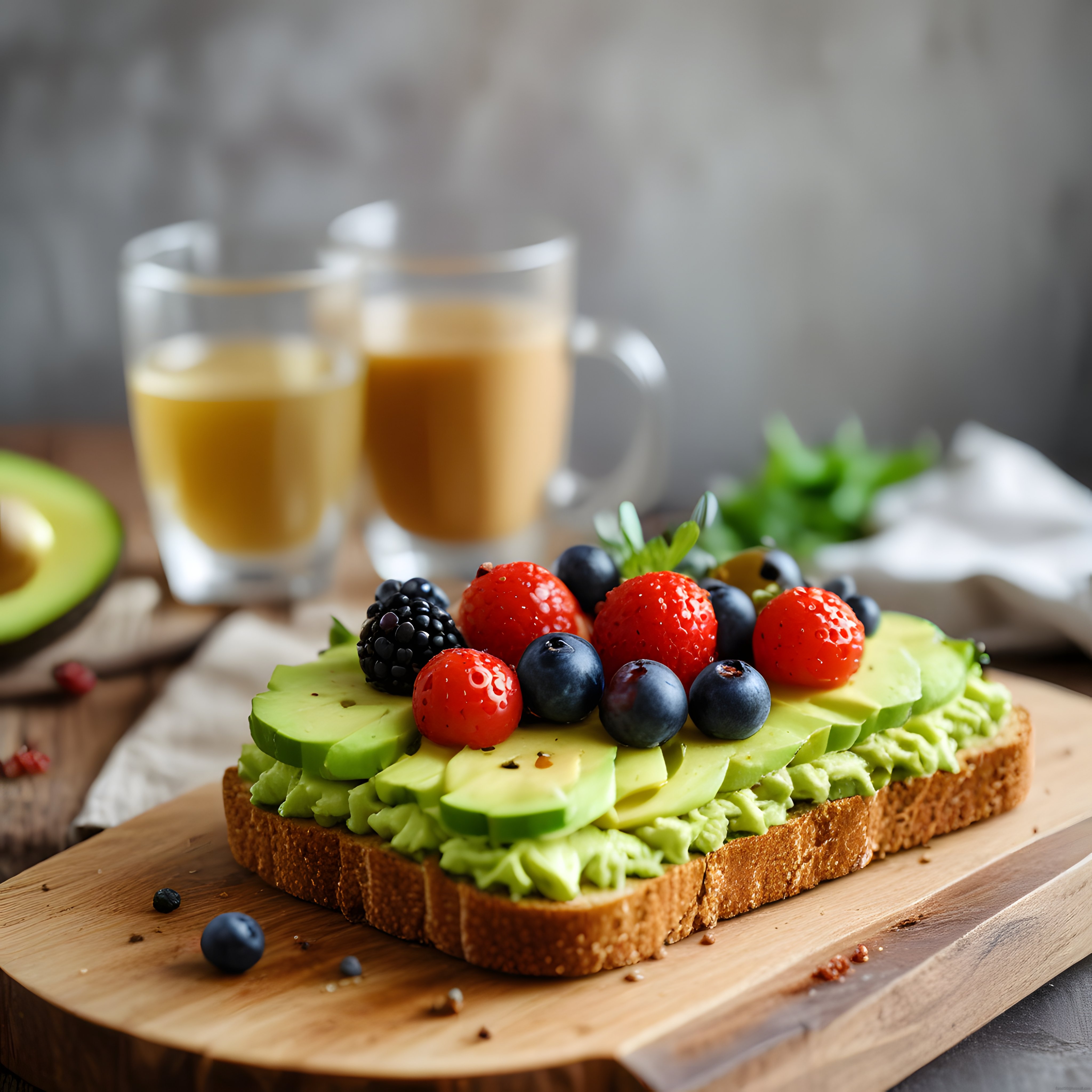 Taze Meyveli Avokado Toast ve Sıcak Kahve ile Harika Bir Kahvaltı Sofrası