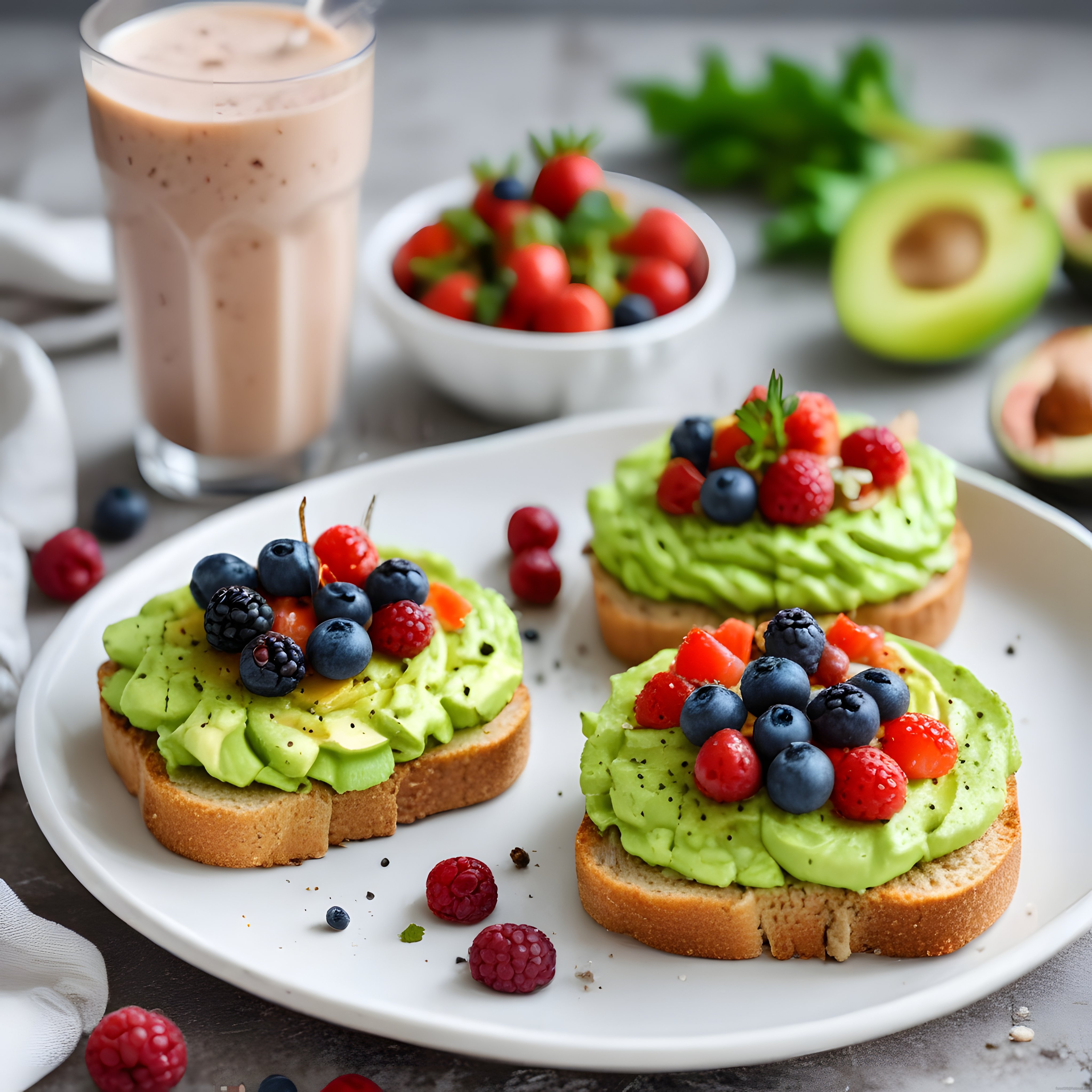 Taze Meyveli Avokado Toast ve Smoothie ile Sağlıklı Kahvaltı Sunumu
