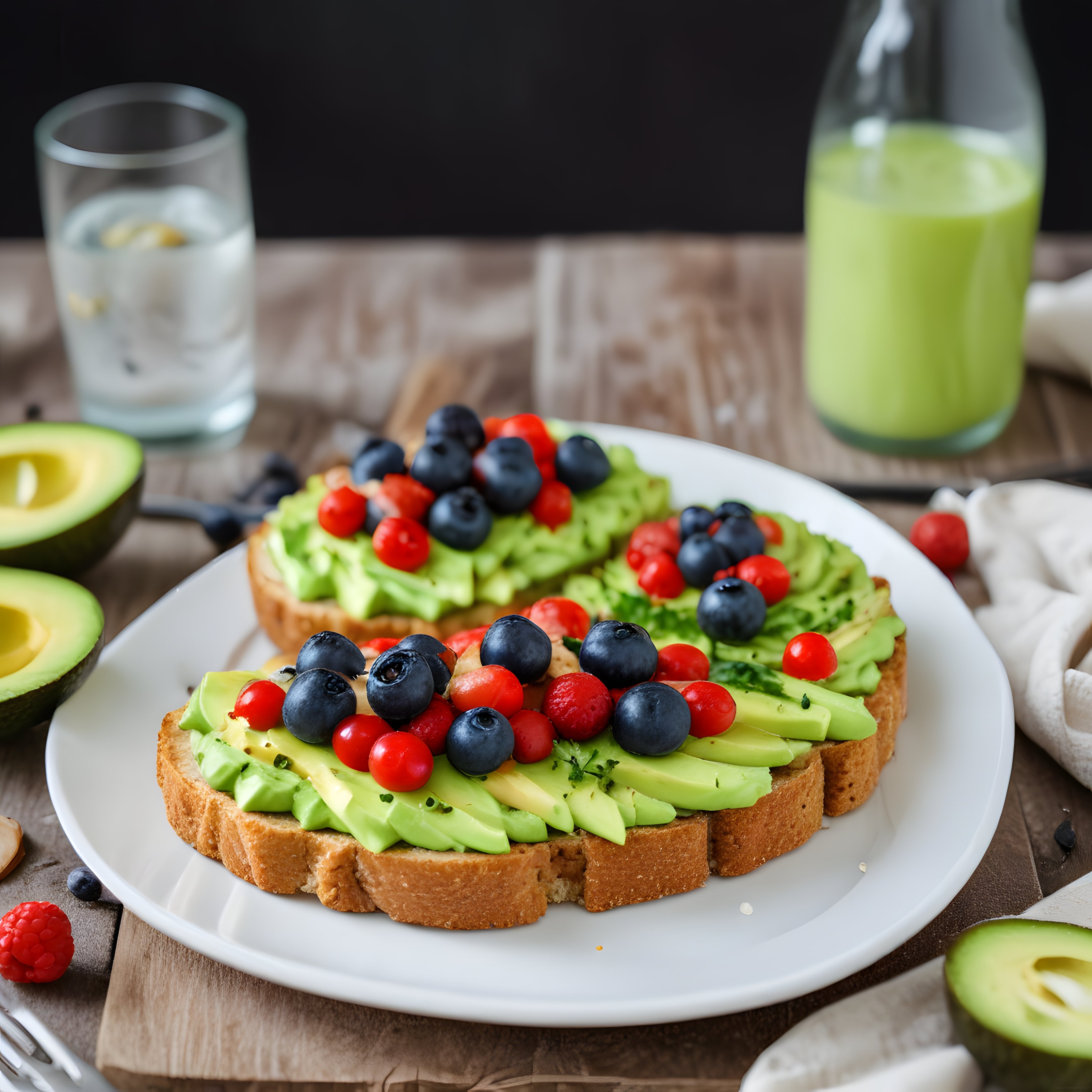 Taze Meyveli Avokado Toast ve Yeşil Smoothie ile Sağlıklı Kahvaltı Keyfi
