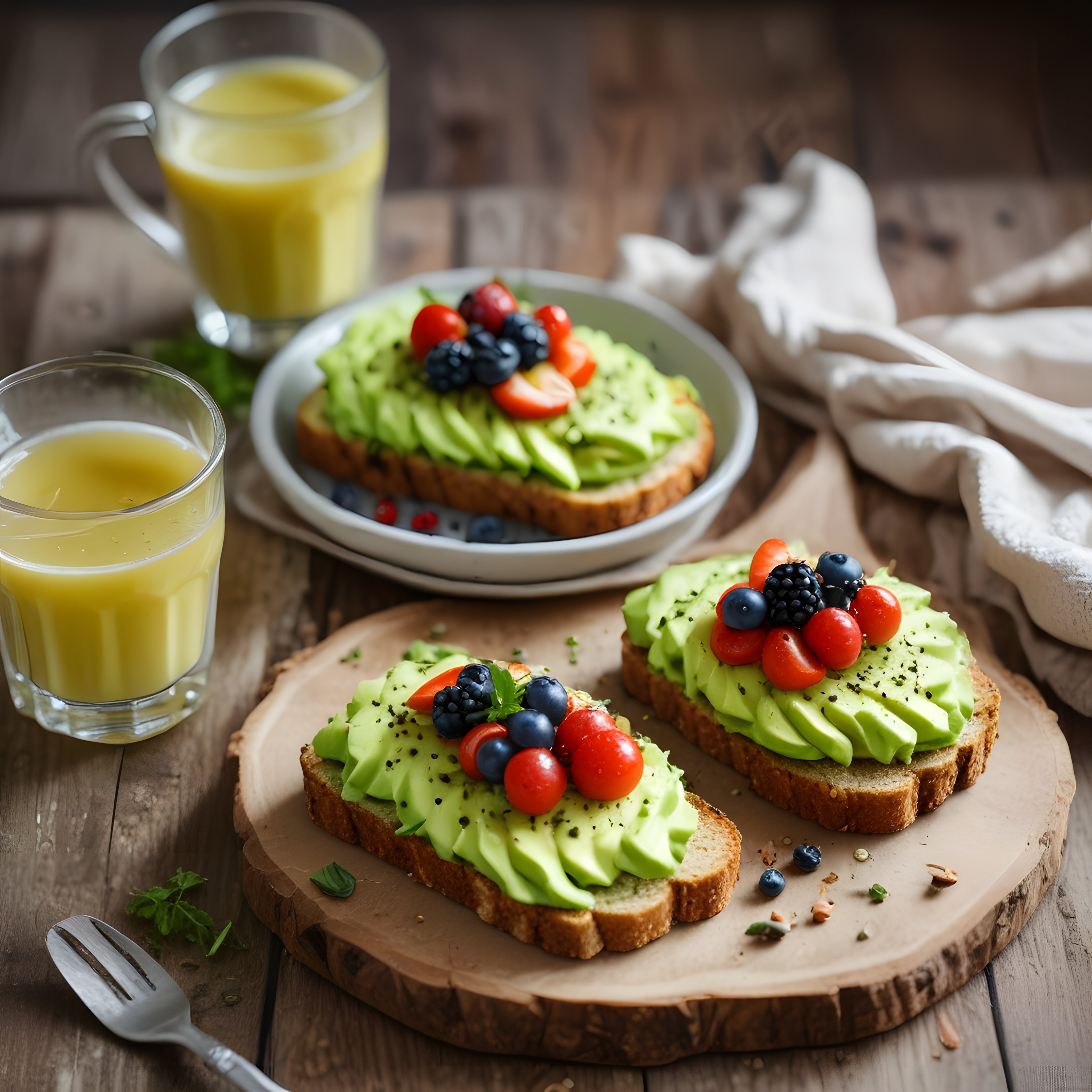 Taze Meyveli Avokado Tost ve Portakal Suyu ile Kahvaltı Sunumu