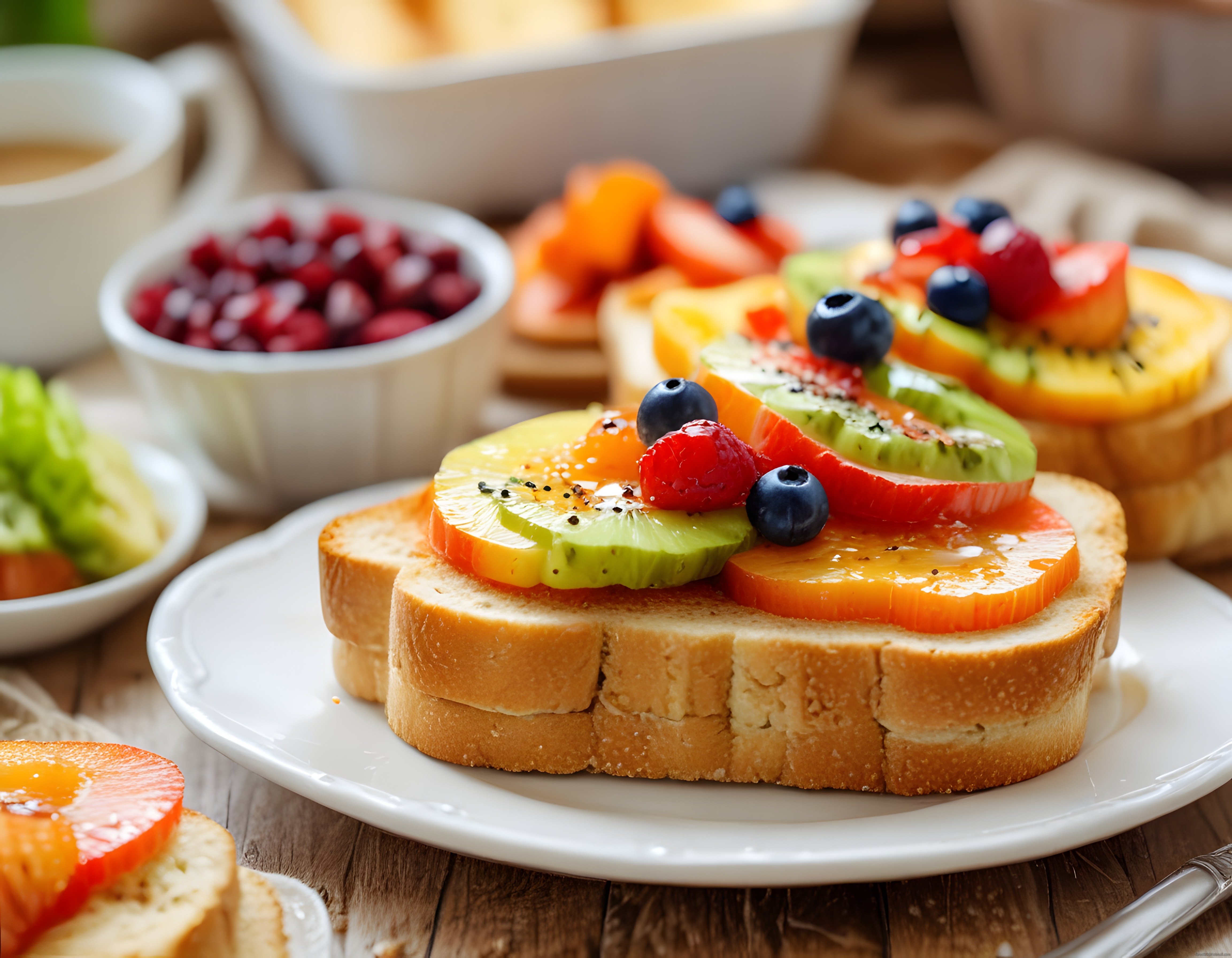 Taze Meyveli Ekmek Dilimleri ve Sıcak Kahveyle Renkli Kahvaltı Masası