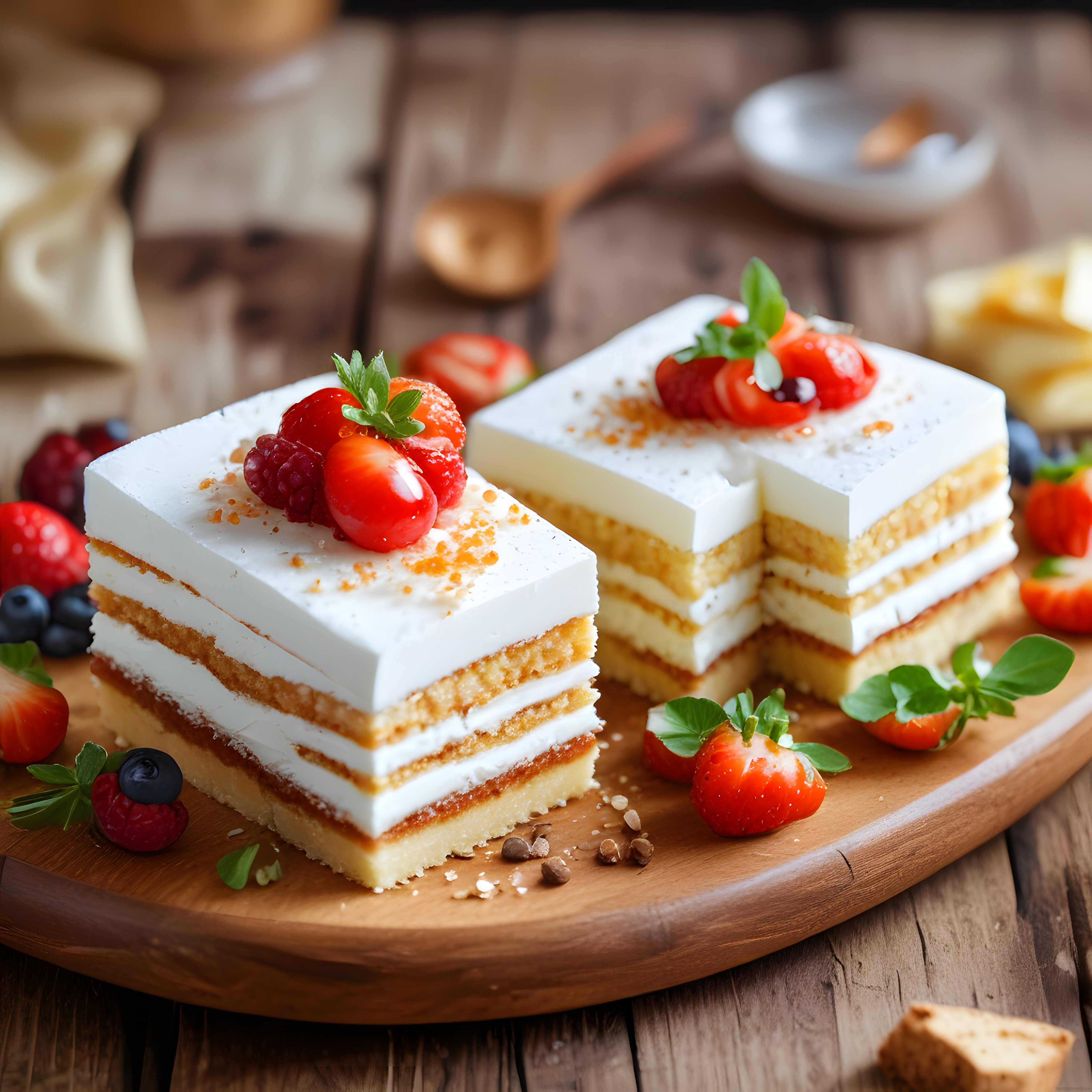 Taze Meyveli Katmanlı Pasta Dilimleri: Ahşap Sunum Tahtasında Göz Alıcı Tatlı