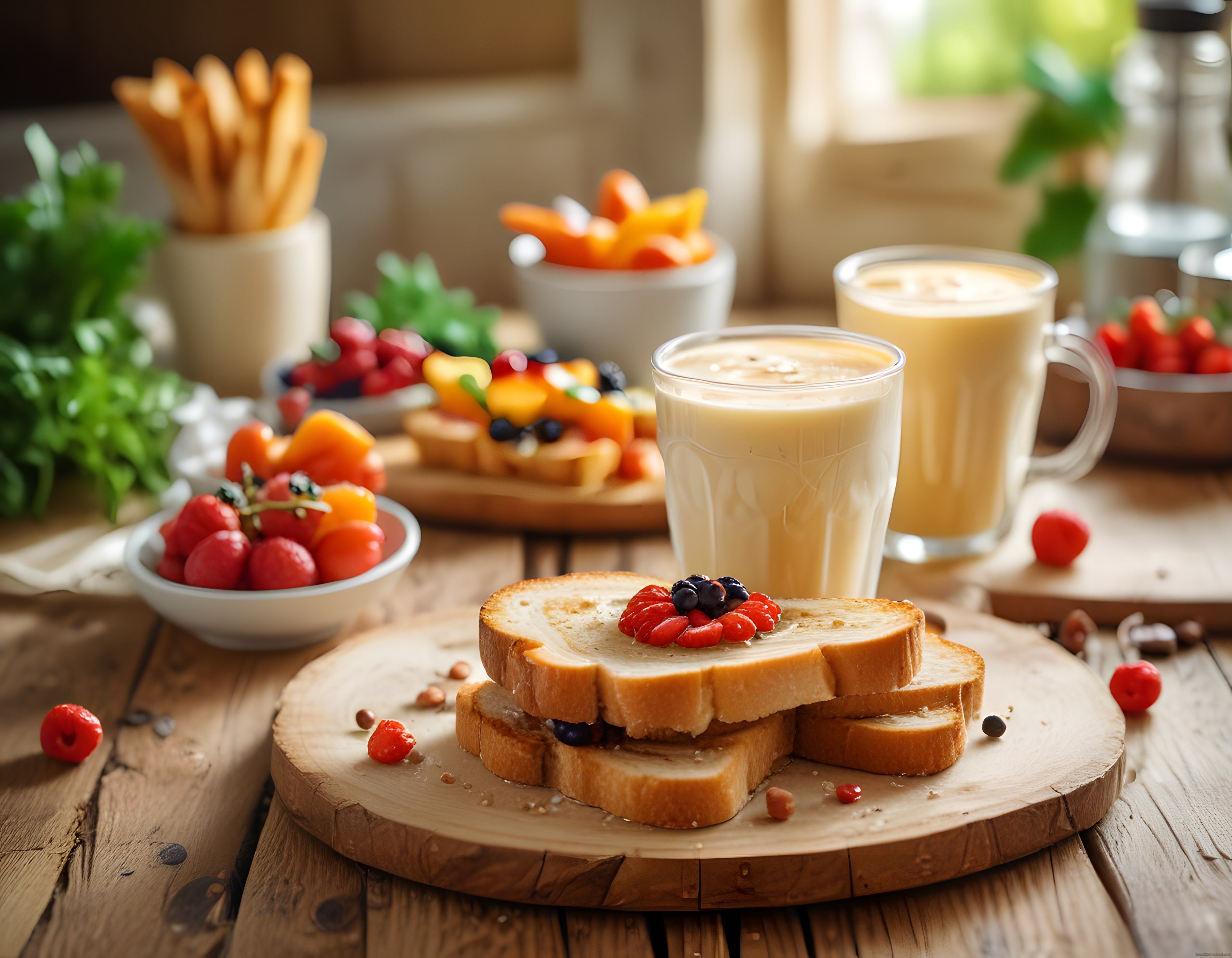Taze Meyveli Kızarmış Ekmek ve Latte ile Rustik Kahvaltı Masası