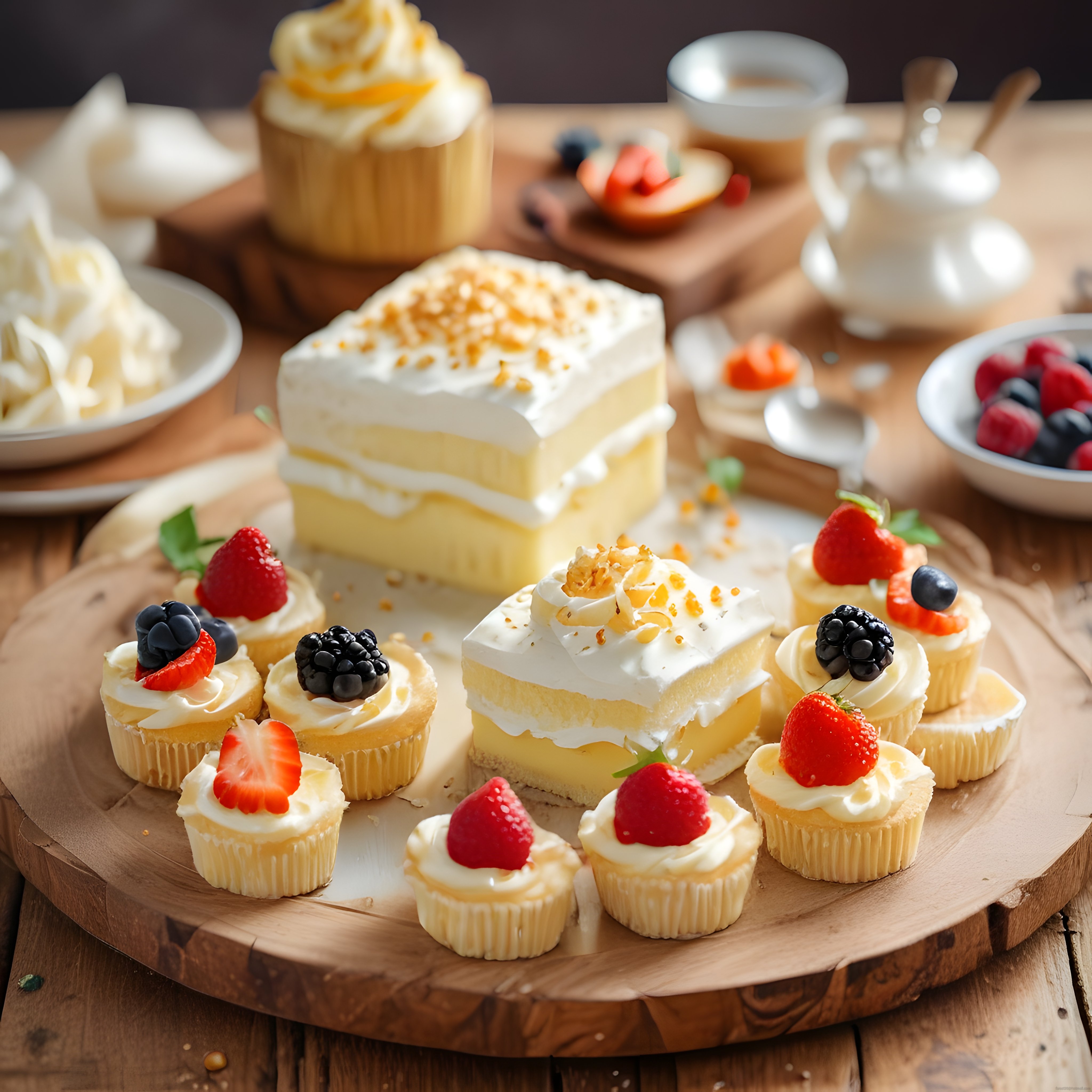 Taze Meyveli Mini Cupcake ve Krema Pasta Dilimleriyle Rustik Tatlı Masası