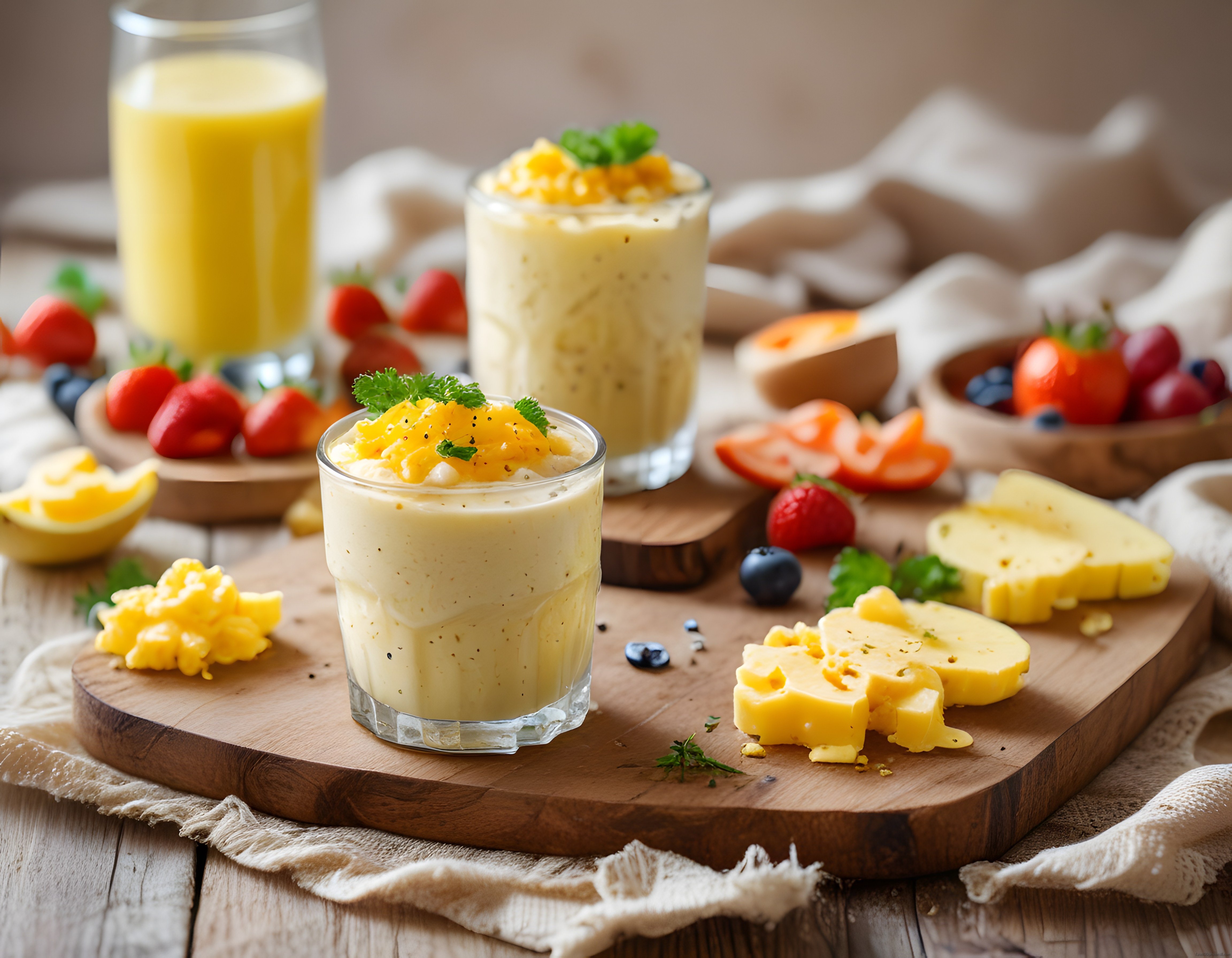 Taze Meyveli Smoothie Bardakları ve Doğal Peynirli Rustik Kahvaltı Masası