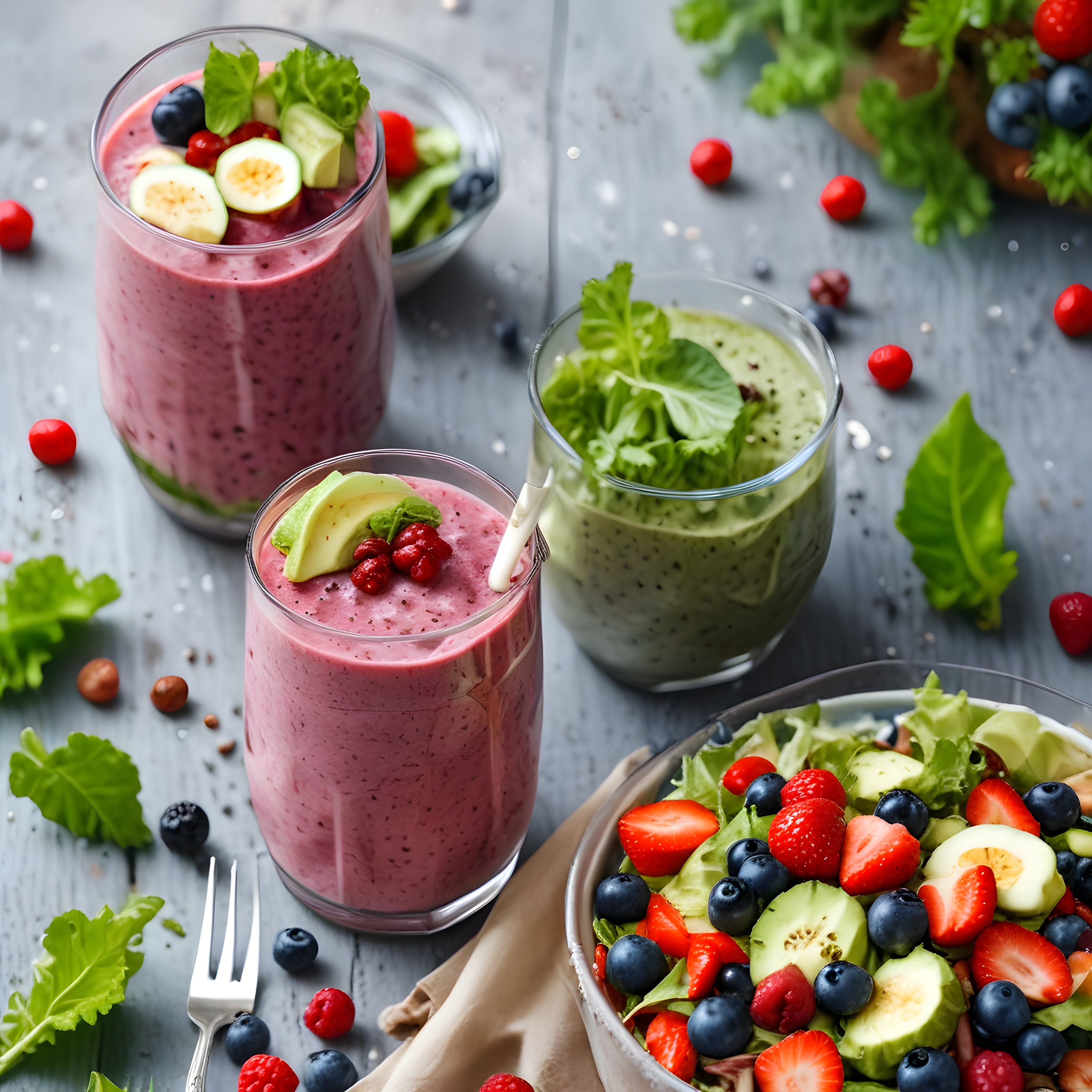 Taze Meyveli Smoothie ve Salata ile Sağlıklı Kahvaltı Sunumu
