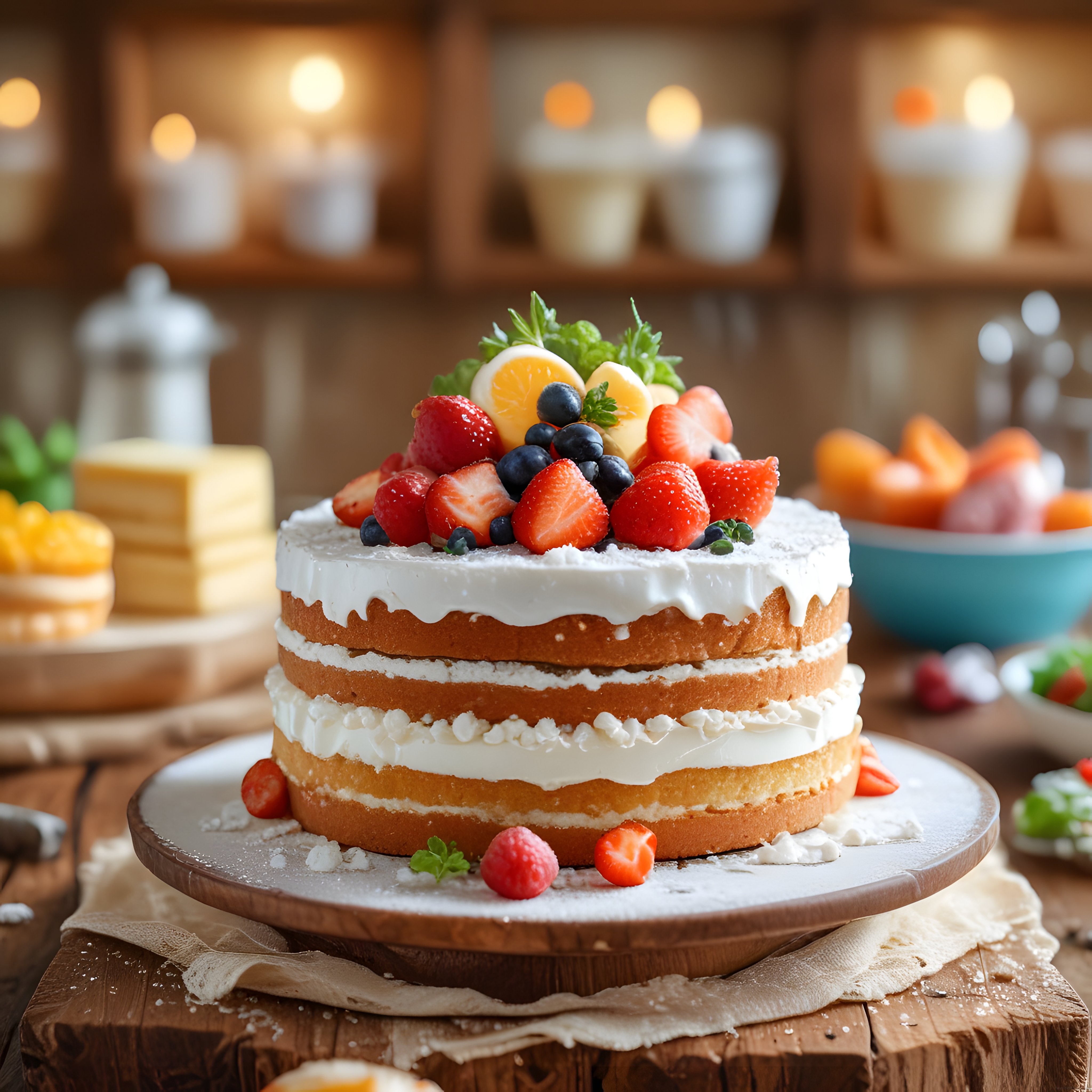 Taze Meyveli Üç Katlı Naked Cake: Rustik Mutfakta Davetkar Tatlı Sunumu