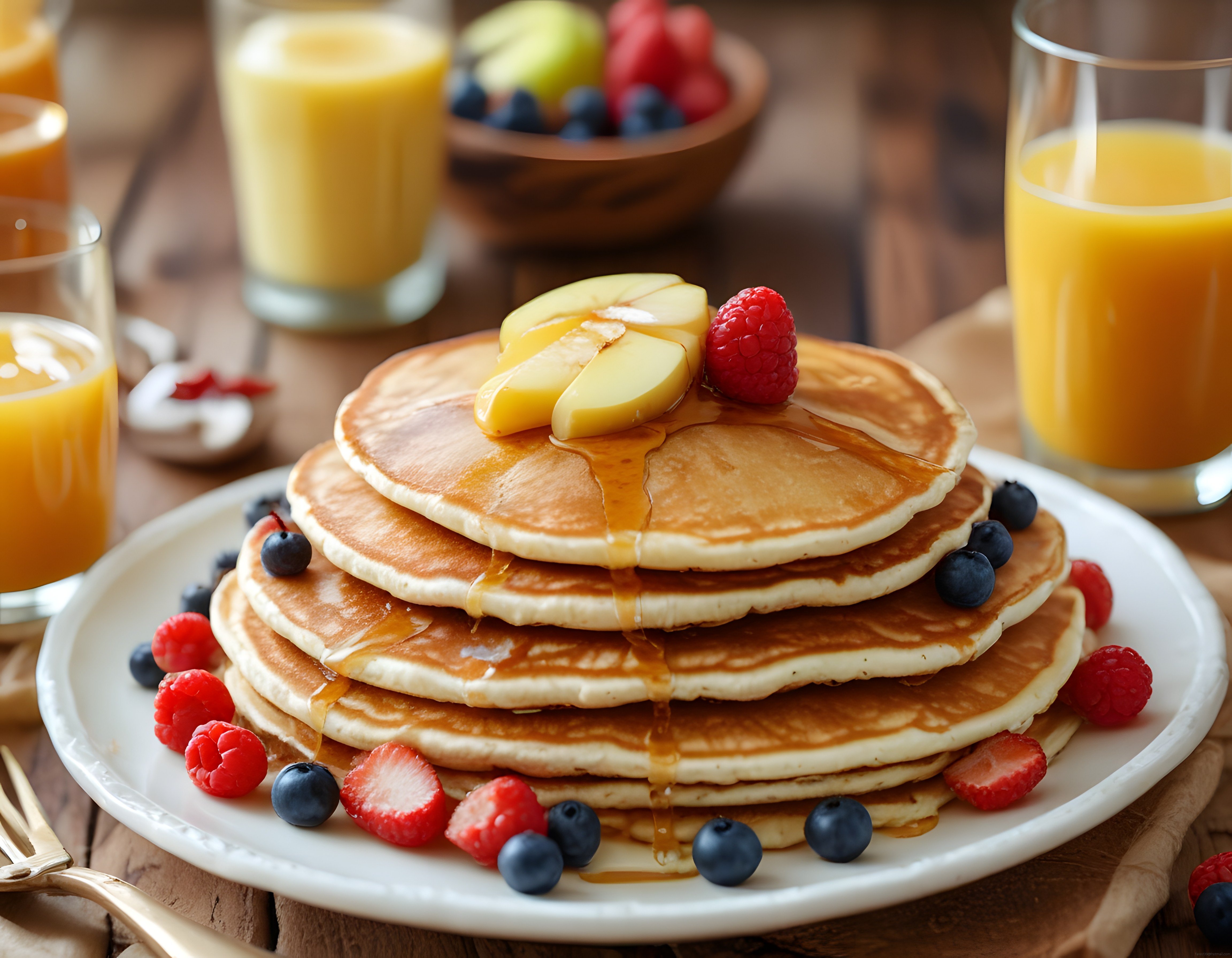 Taze Meyveli ve Akçaağaç Şurubu Süslü Yumuşacık Pancake Kahvaltısı