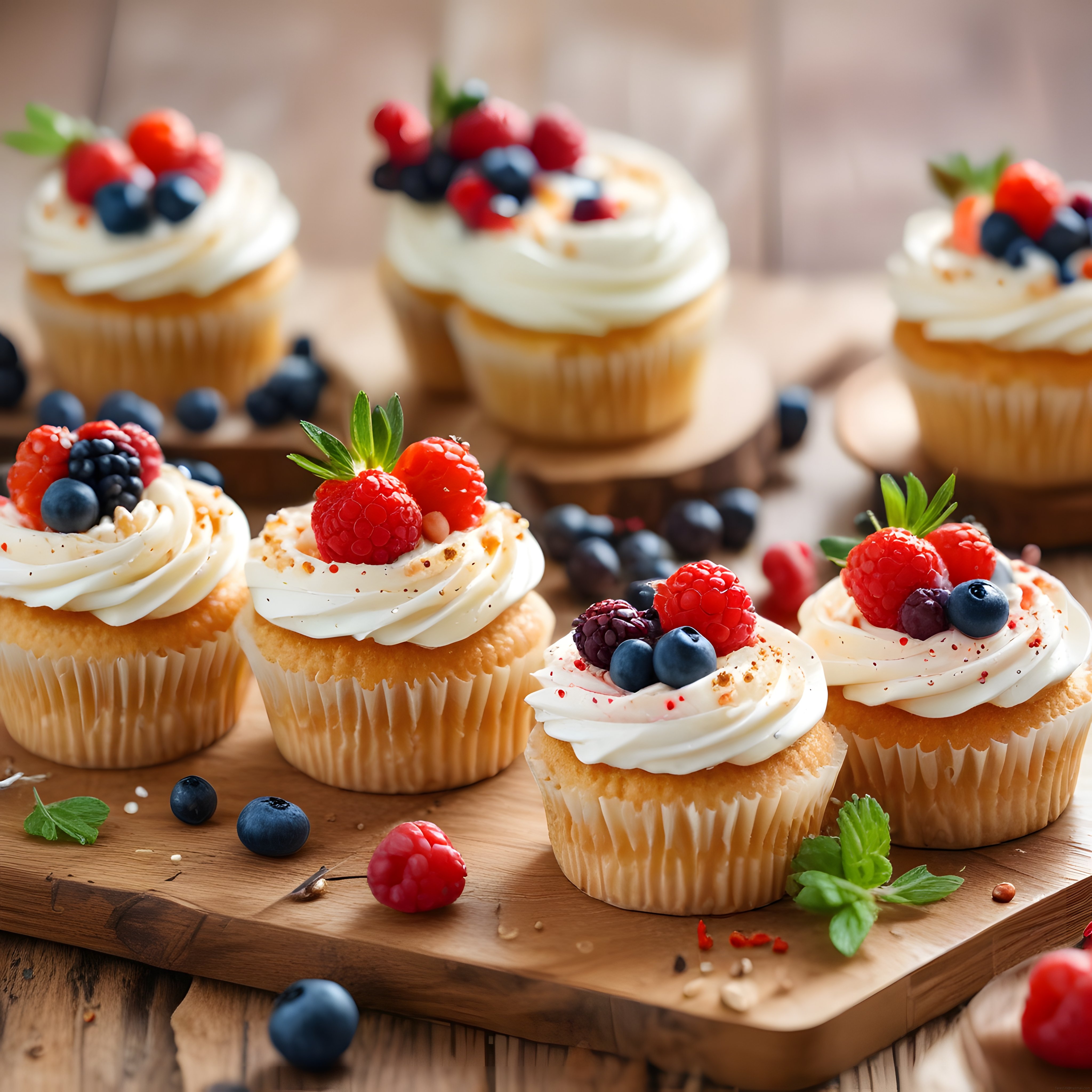 Taze Meyveli ve Kremalı Cupcake'ler: Doğal Ahşap Sunum Üzerinde Leziz Tatlılar