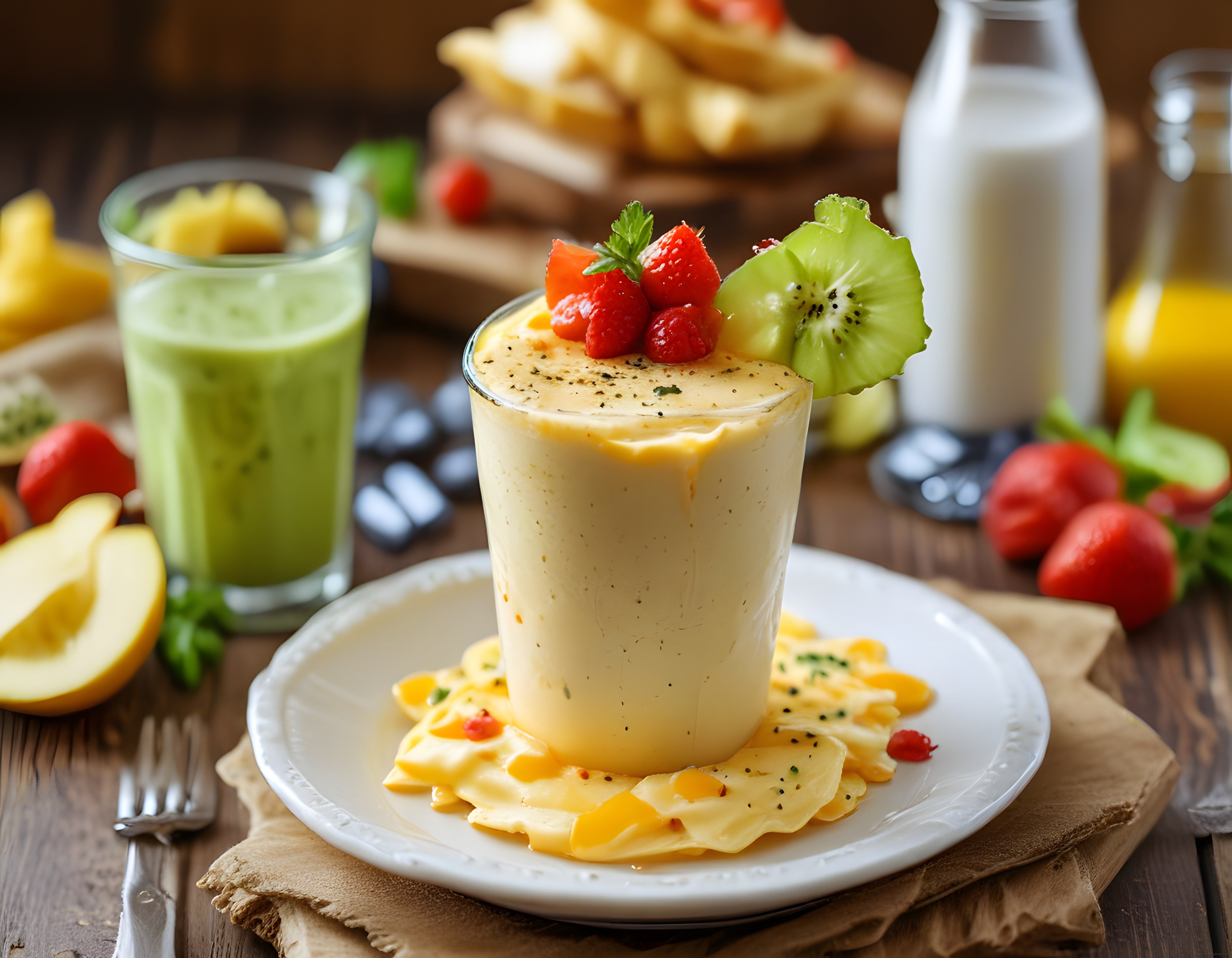 Taze Meyveli ve Kremalı Kahvaltı Tatlısı: Rustik Masada Lezzetli Brunch Sunumu