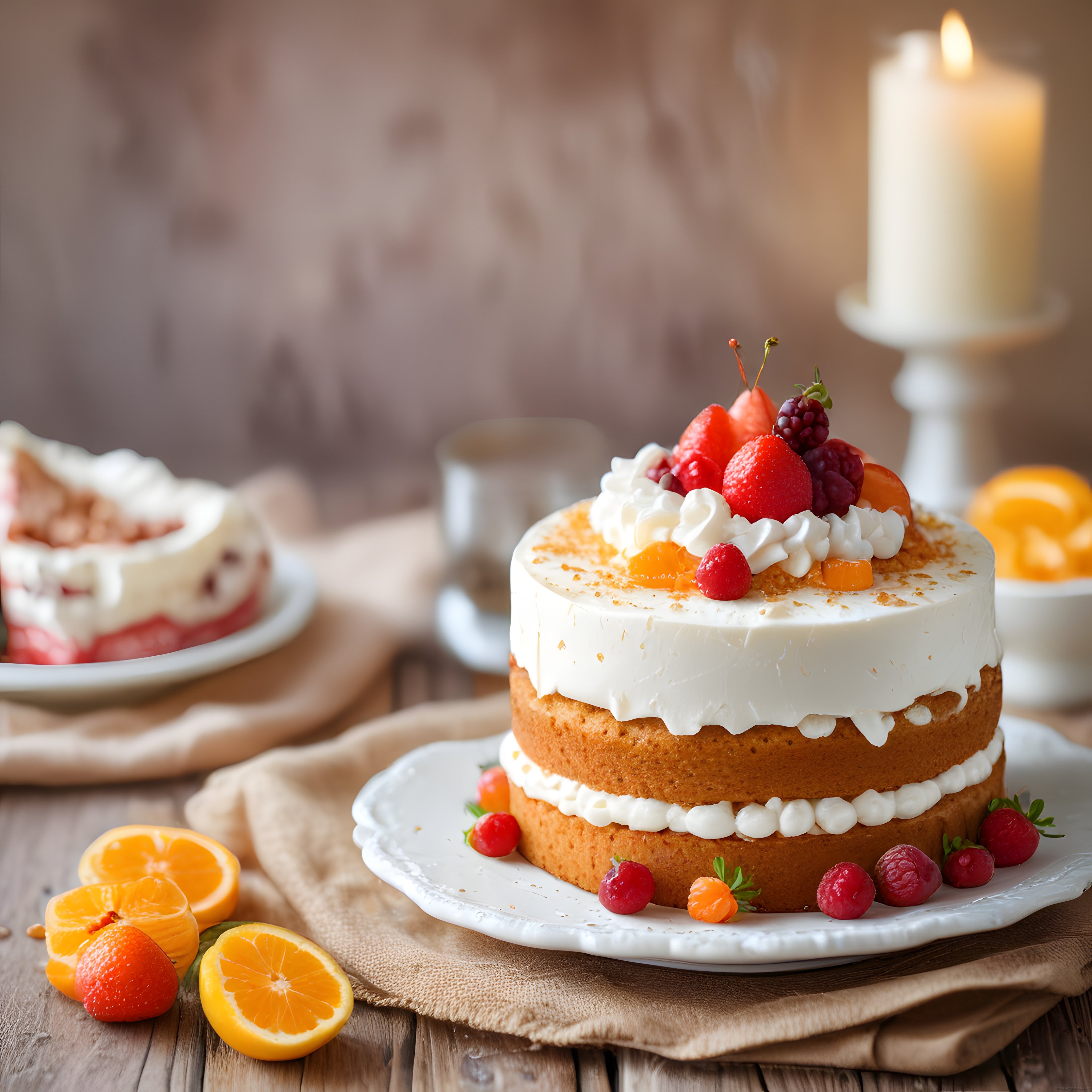 Taze Meyveli ve Kremalı Naked Cake Tatlısı – Rustik Masa Dekoru