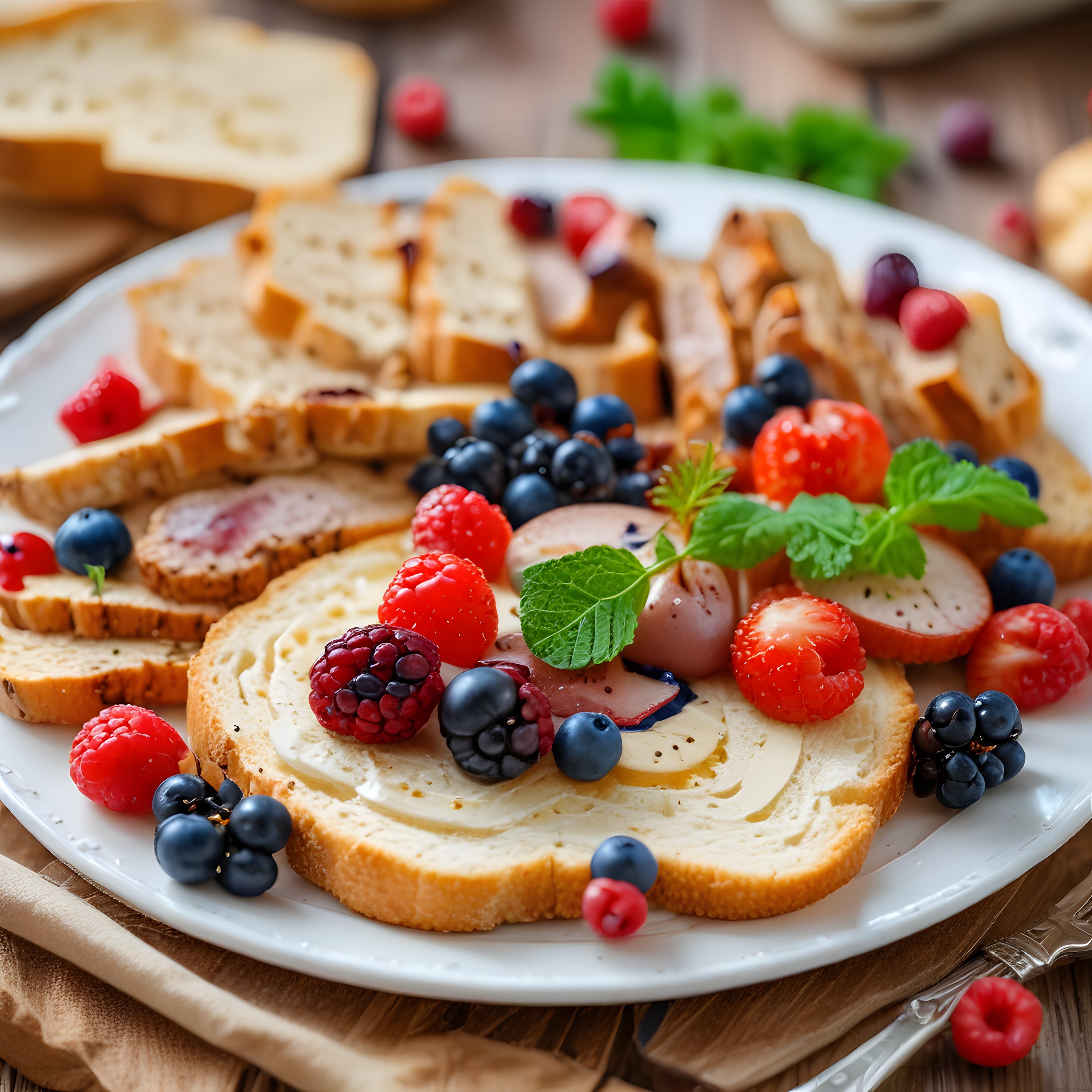 Taze Meyveli ve Peynirli Ekmek Dilimleriyle Rustik Kahvaltı Sunumu