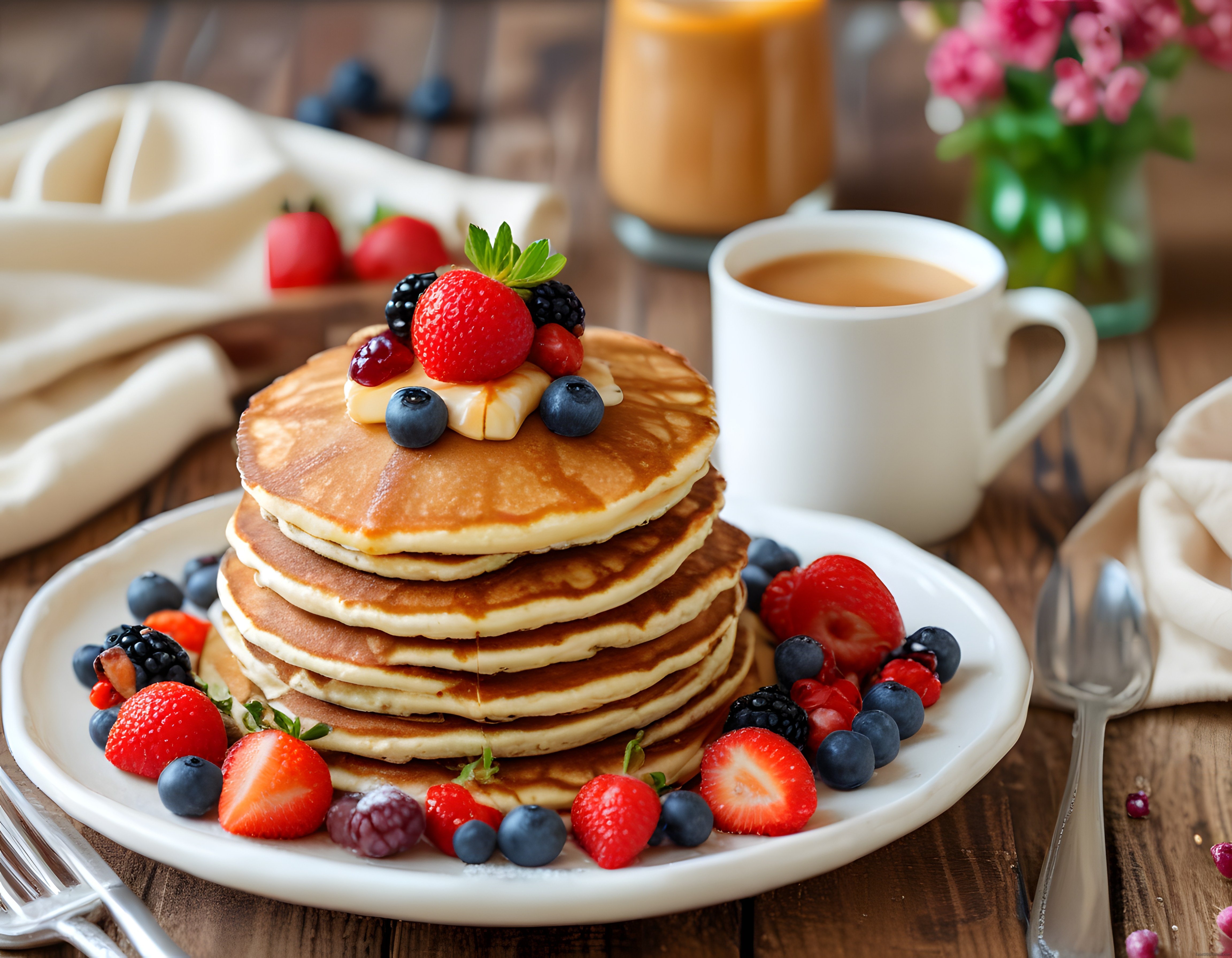 Taze Meyveli ve Tereyağlı Sıcak Pancake Kulesi ile Rustik Kahvaltı Masası