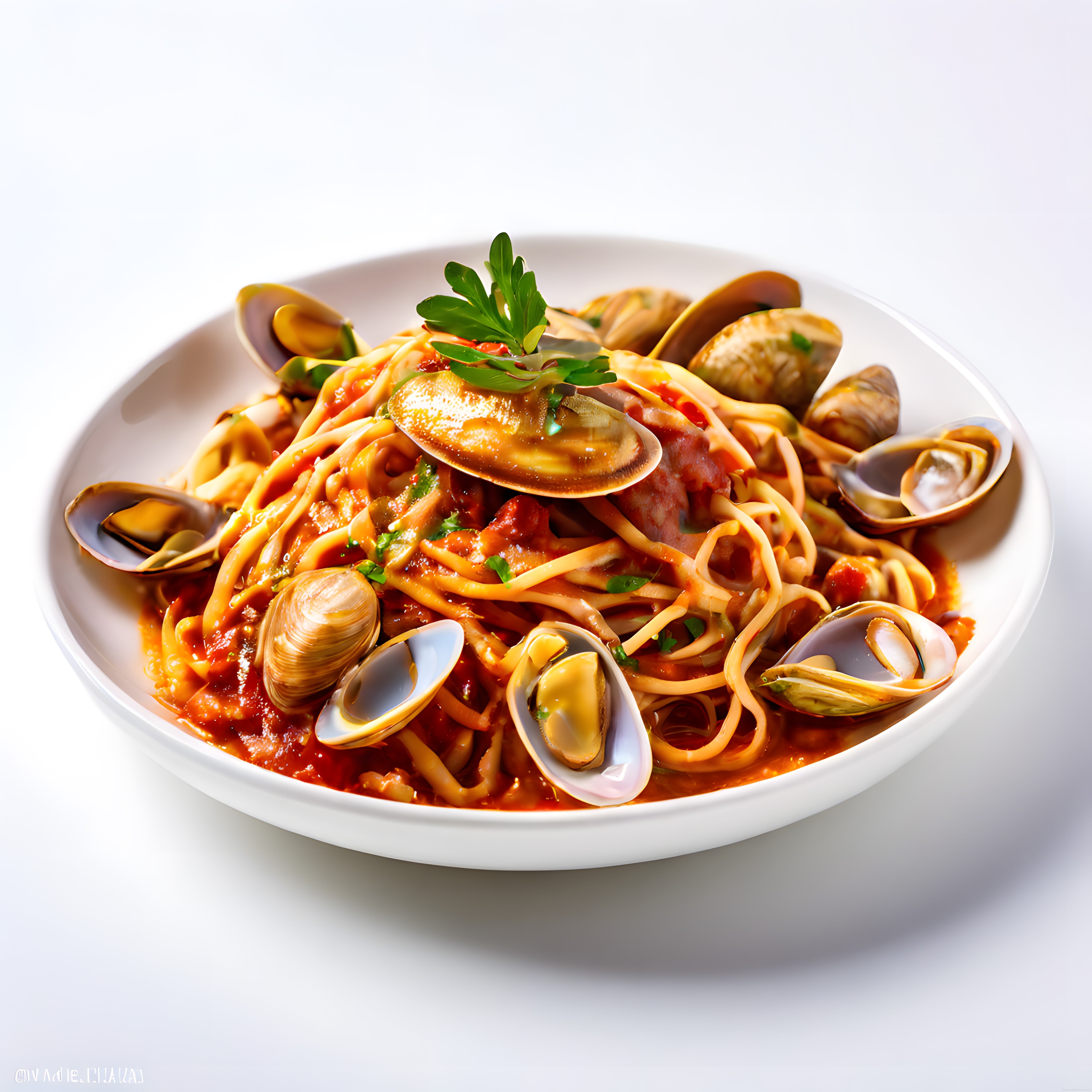 taze midyeli domates soslu linguine beyaz kasede profesyonel sunum