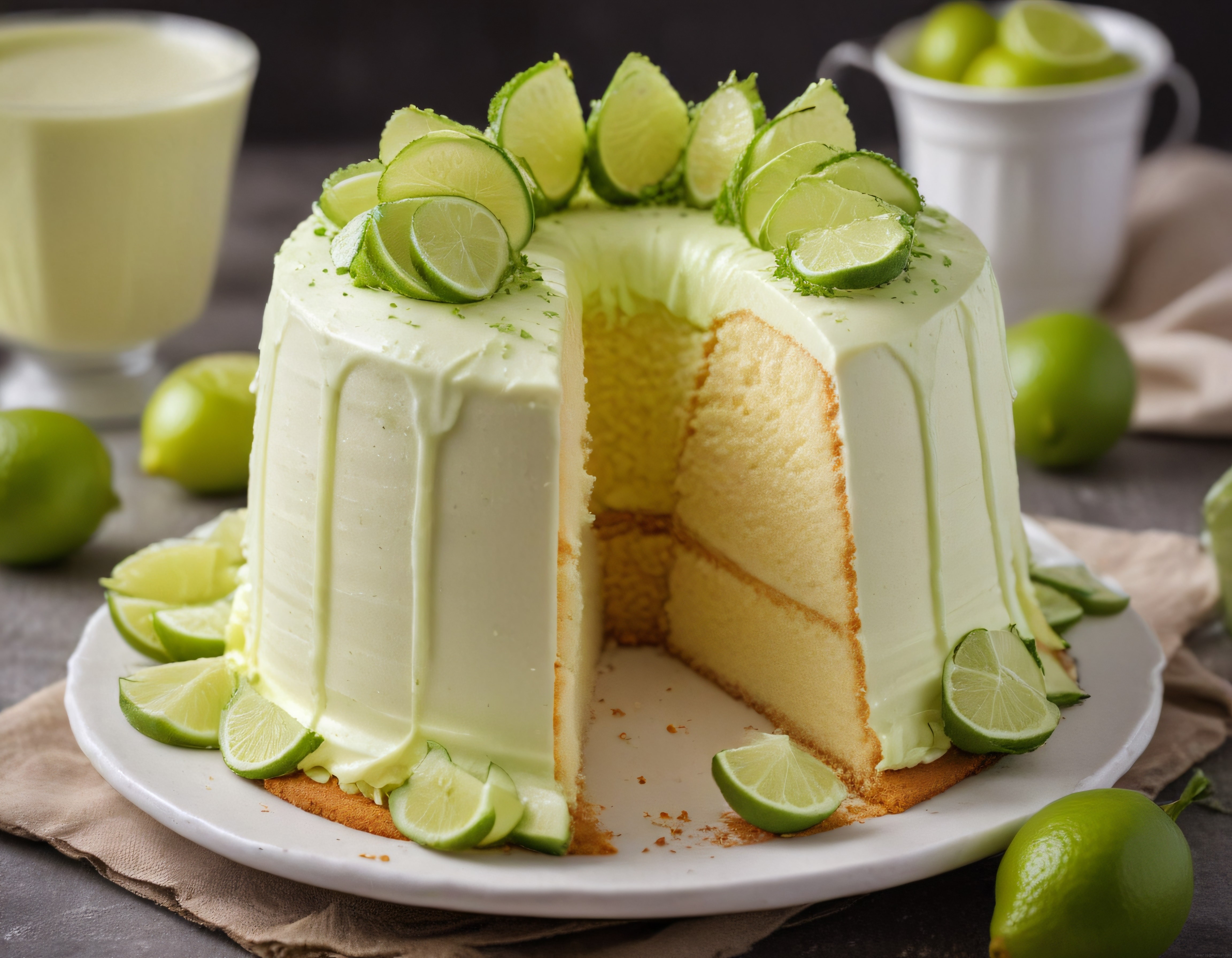 Taze Misket Limon Dilimleriyle Süslenmiş Yeşil Kremalı Katlı Pasta