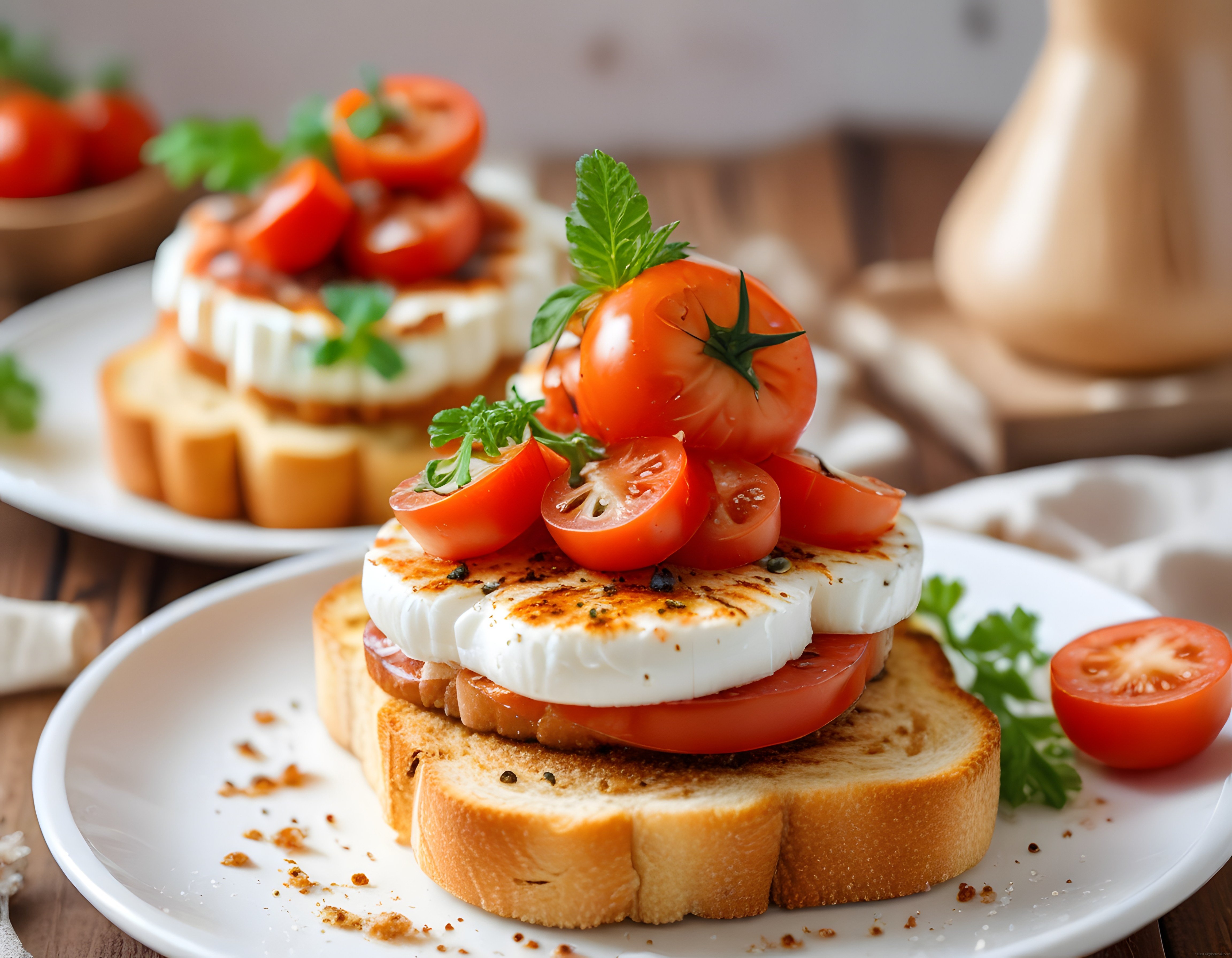Taze Mozzarella ve Domatesli Kızarmış Ekmek Üzerinde Lezzetli Bruschetta
