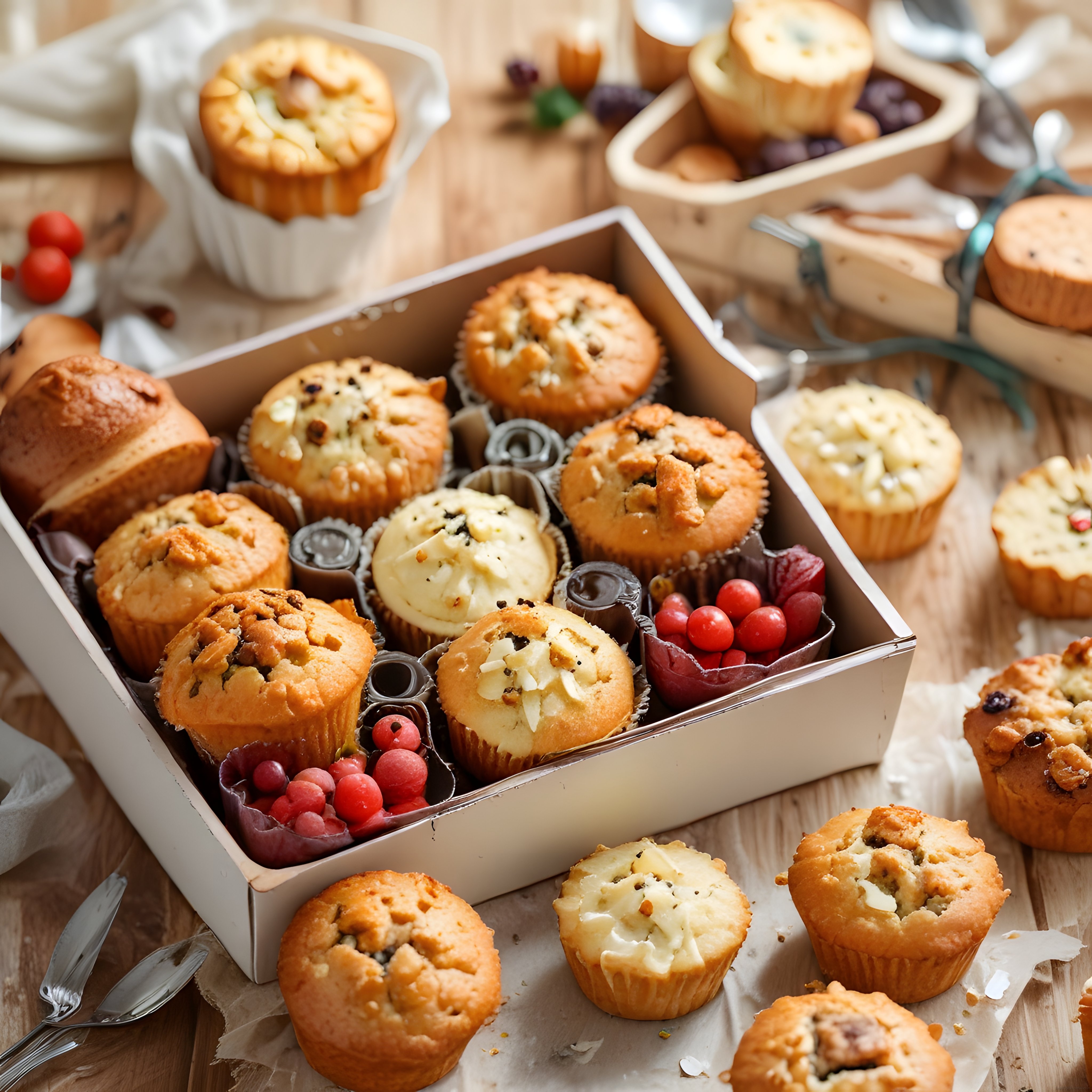 Taze Muffin ve Kapkeklerle Süslenmiş Ahşap Masa Üzerinde Leziz Tatlı Sunumu