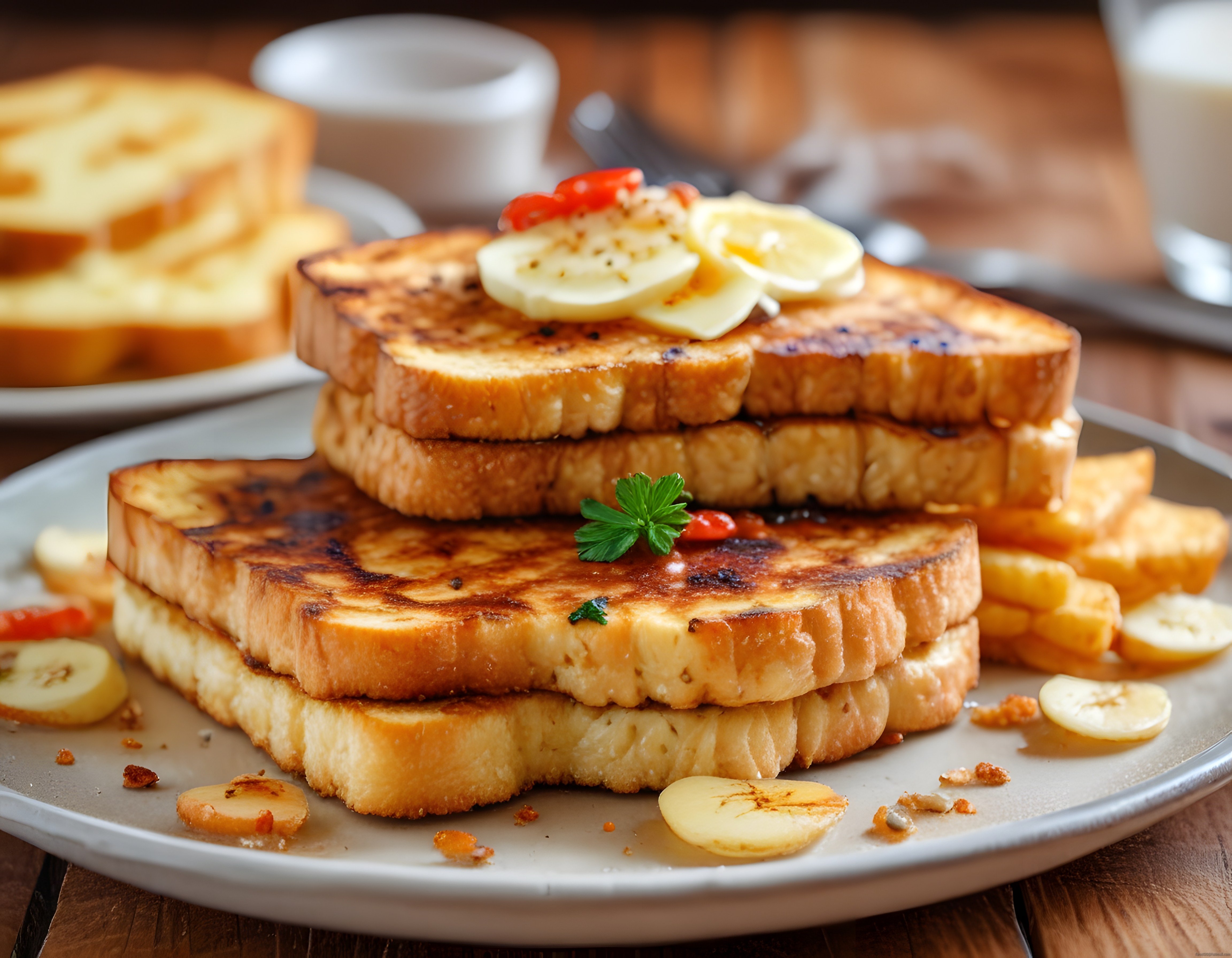 Taze Muz Dilimleri ve Balla Süslenmiş Kızarmış Yumurtalı Ekmek Sunumu