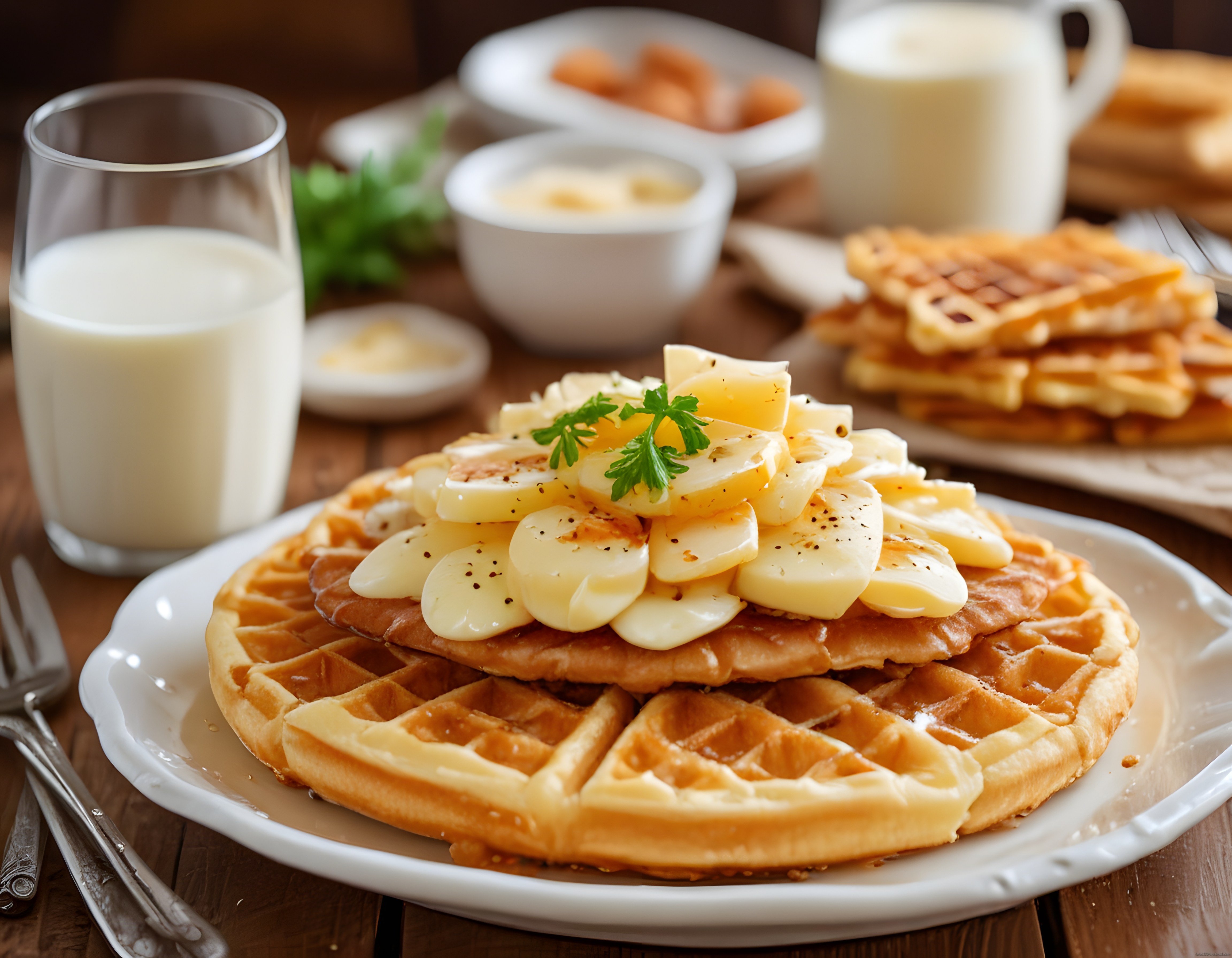 taze muz dilimleri ve peynirle süslenmiş çıtır waffle lar ve süt ile kahvaltı