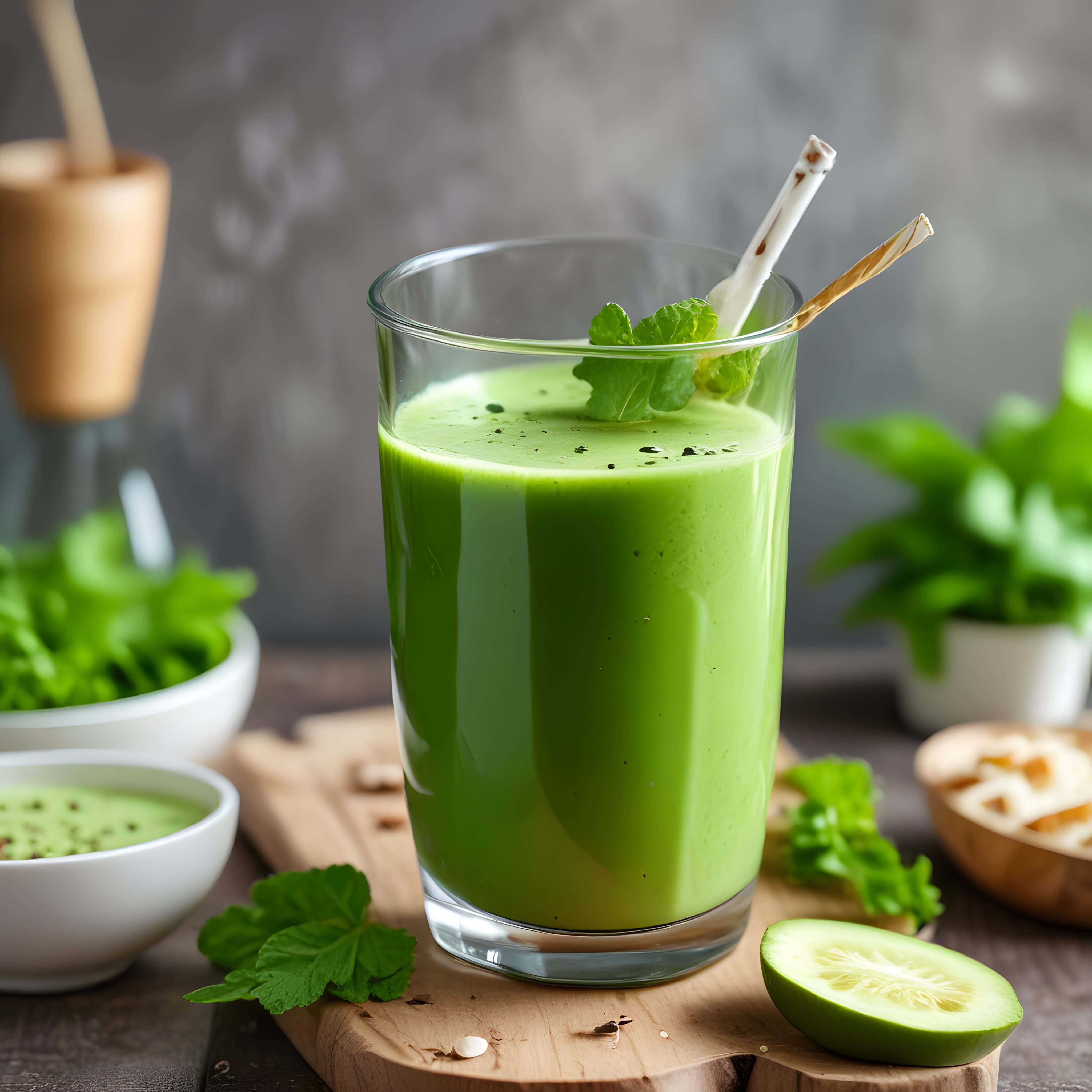 Taze Nane Yaprakları ve Salatalık Dilimiyle Süslenmiş Sağlıklı Yeşil Smoothie