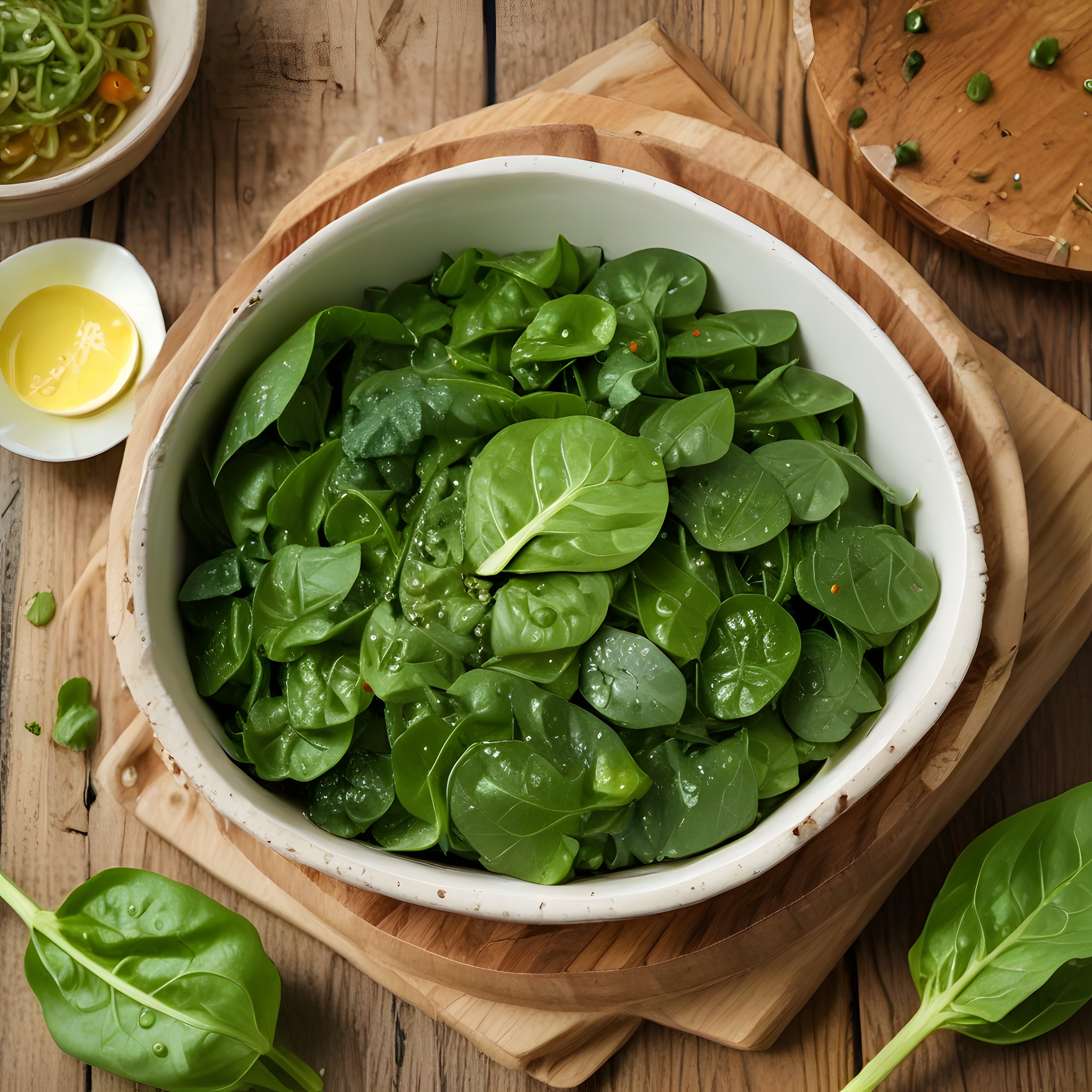 taze organik ıspanak yaprakları, zeytinyağı ve limon sosu ile ev yapımı salata