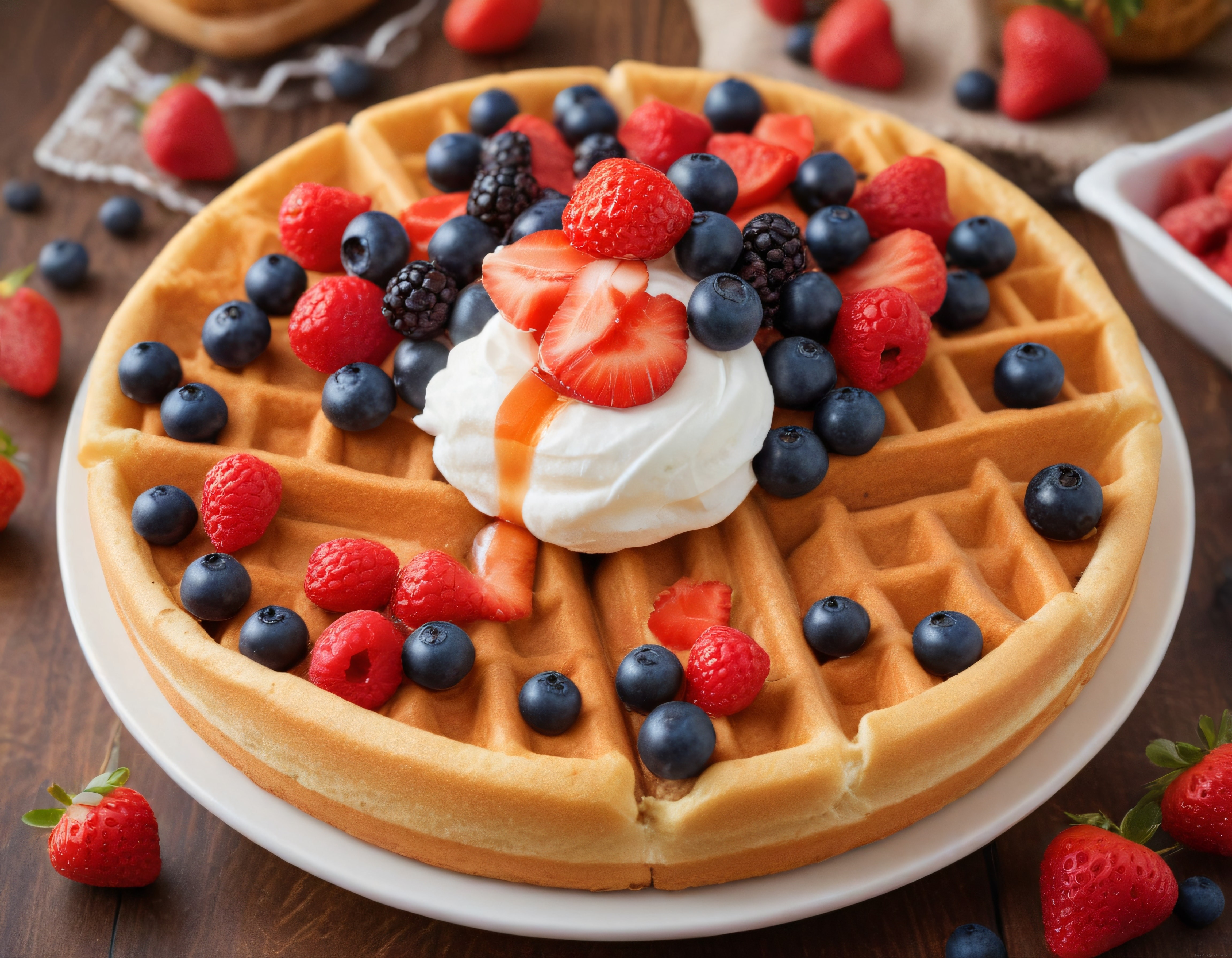 Taze Orman Meyveleri ile Süslenmiş Kremalı Ev Yapımı Waffle Kahvaltısı