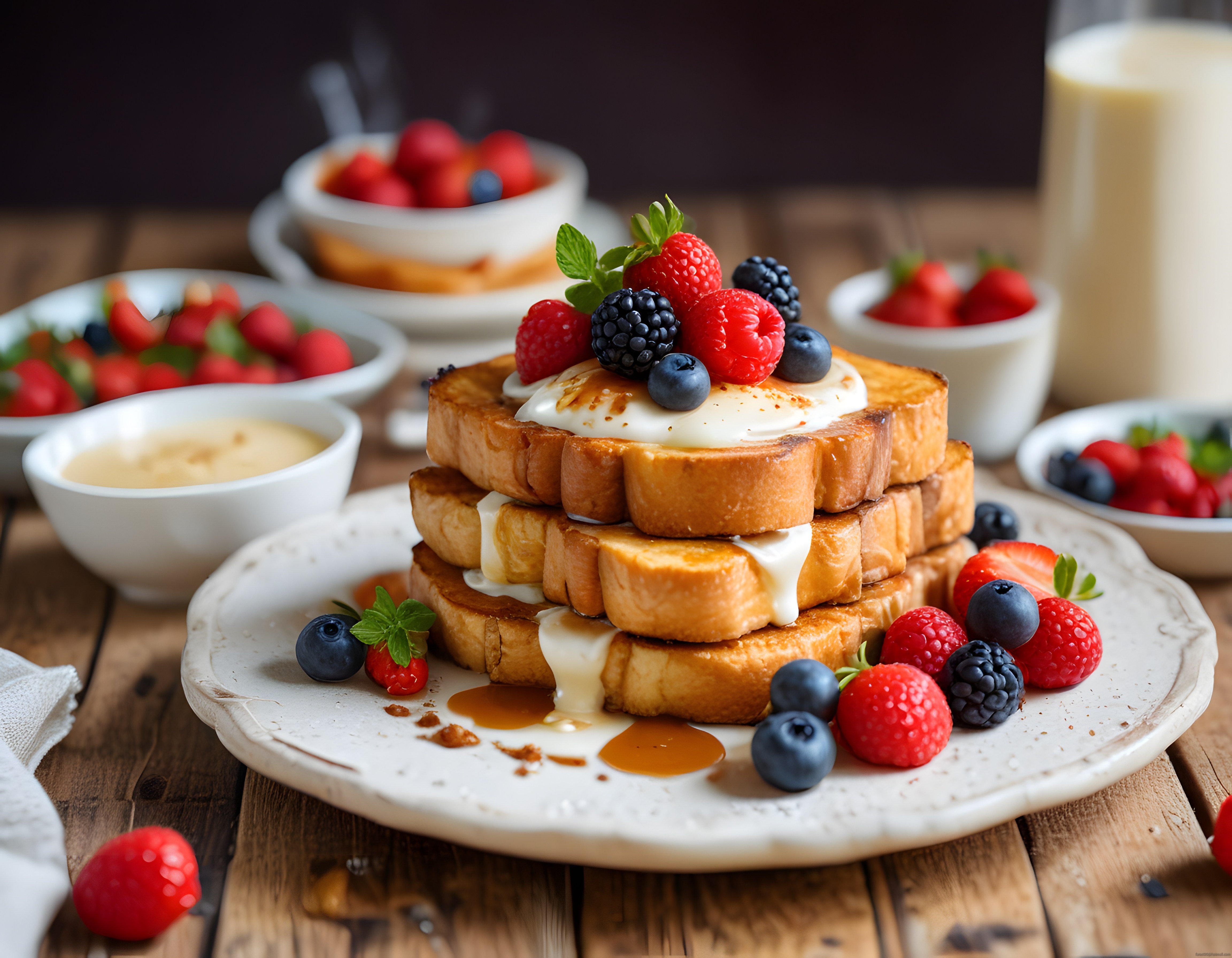 Taze Orman Meyveleri ve Bal ile Süslenmiş French Toast Kahvaltı Tabağı