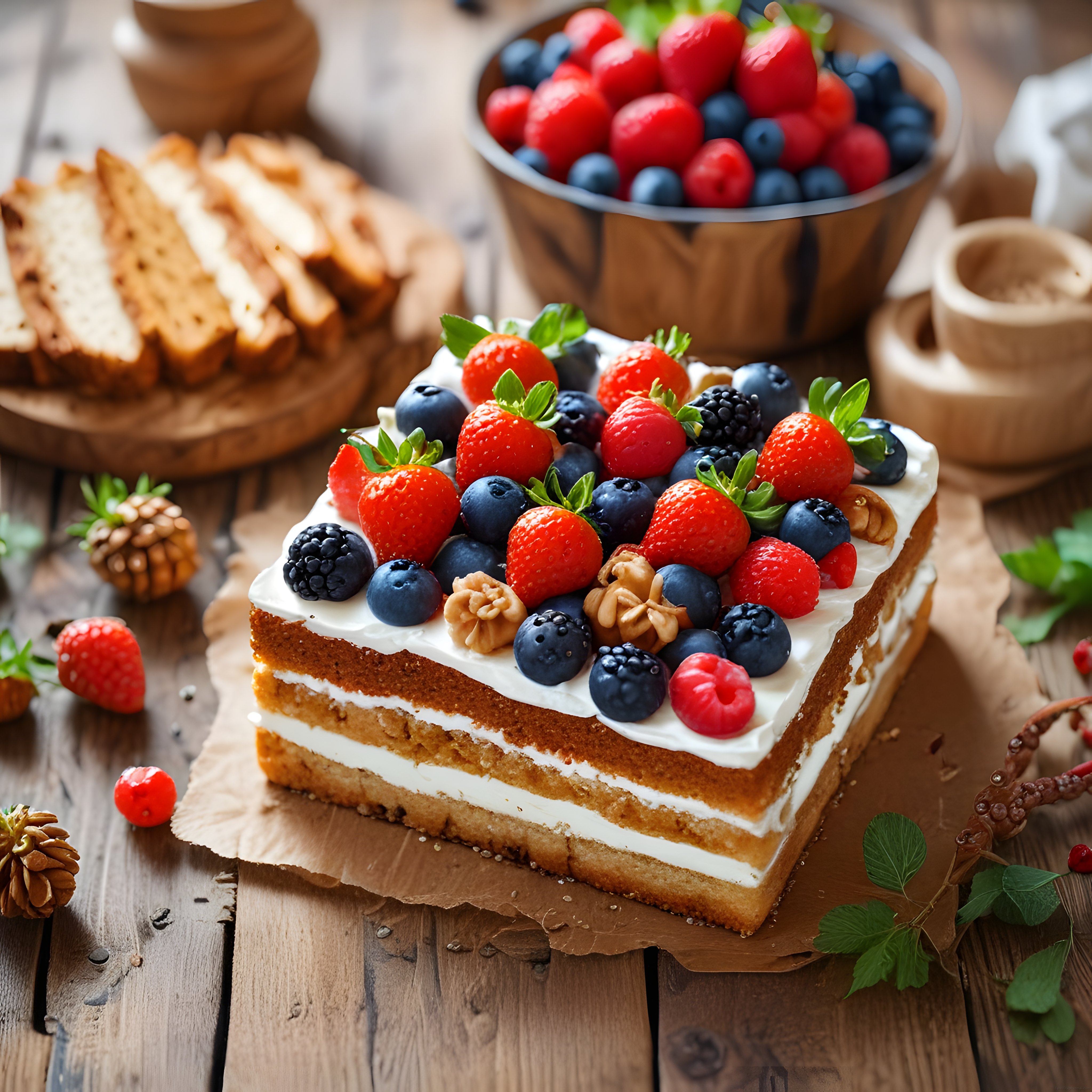 Taze Orman Meyveleri ve Cevizle Süslenmiş Kremalı Pasta Dilimi