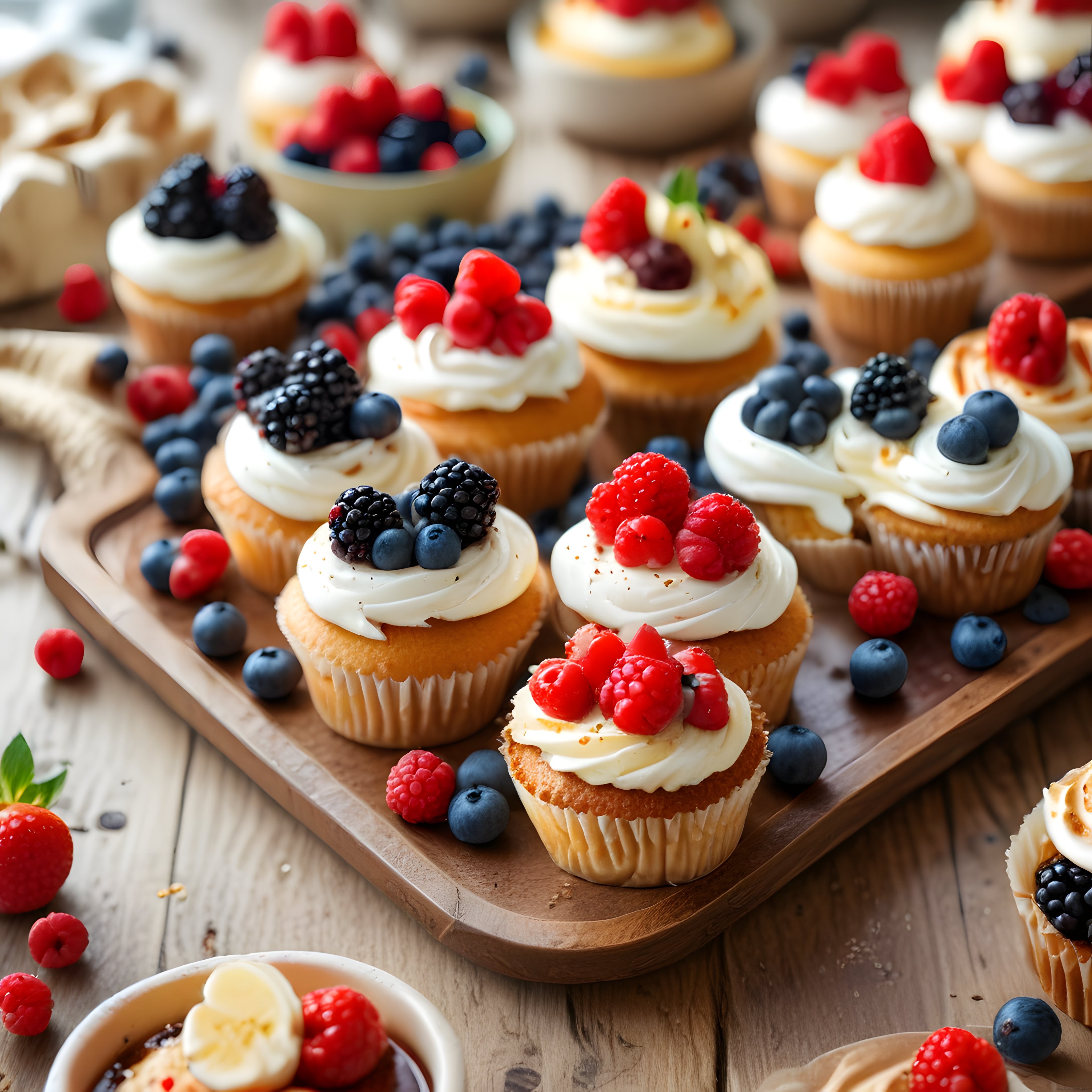 taze orman meyveleri ve kremalı ev yapımı cupcake muffin sunumu