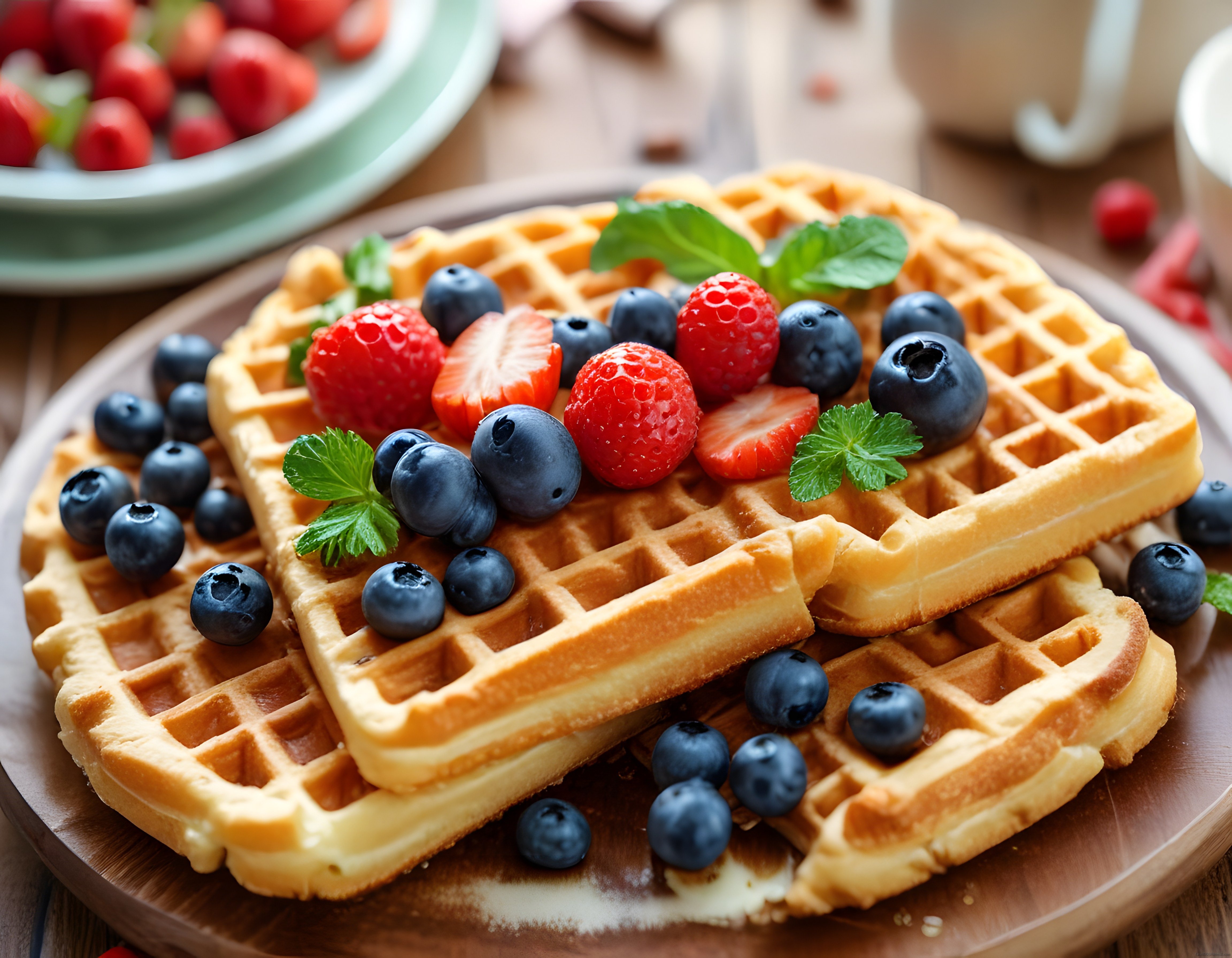 Taze Orman Meyveleri ve Nane Yapraklarıyla Süslenmiş Altın Rengi Waffle