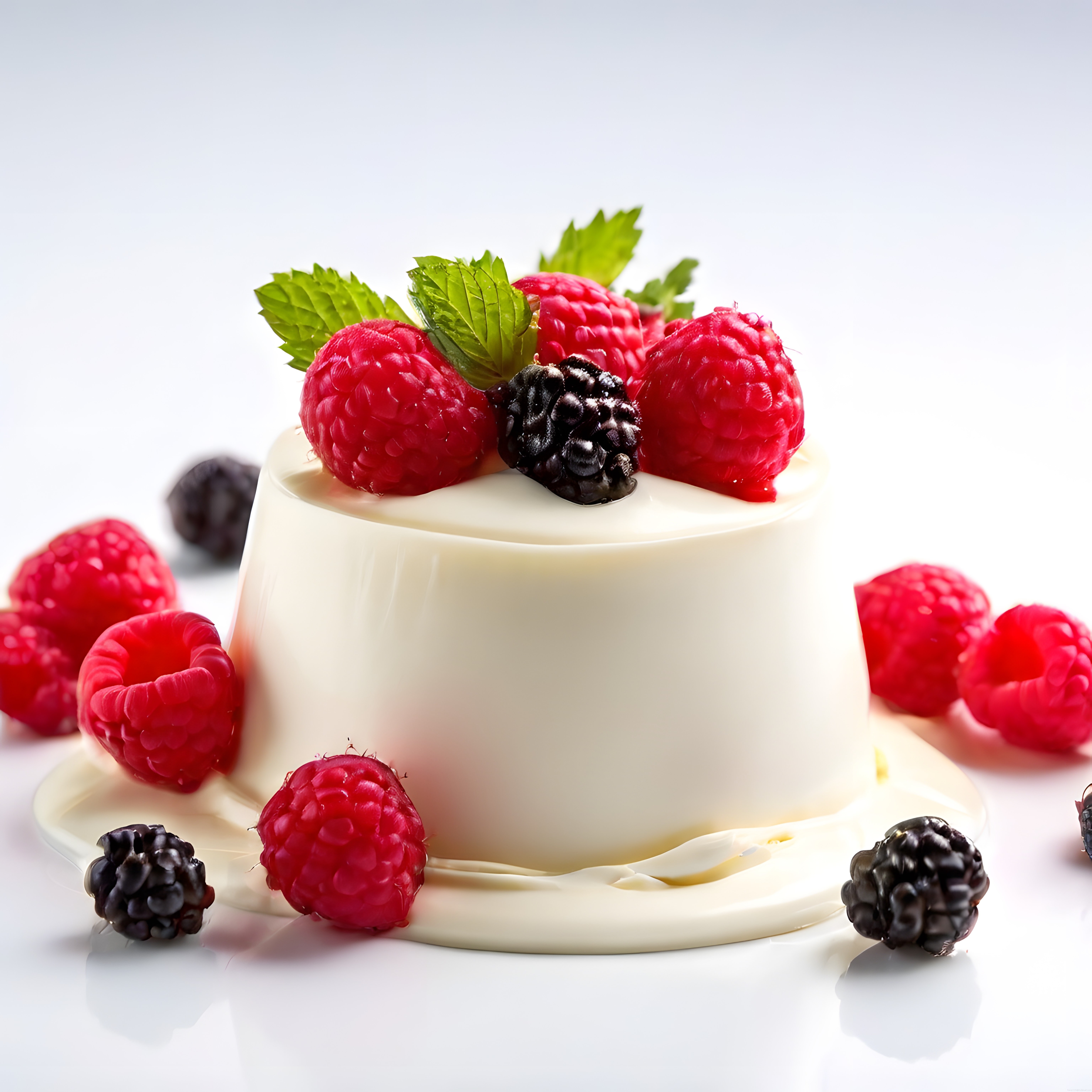 Taze Orman Meyveleri ve Nane Yapraklarıyla Süslü İtalyan Panna Cotta Tatlısı