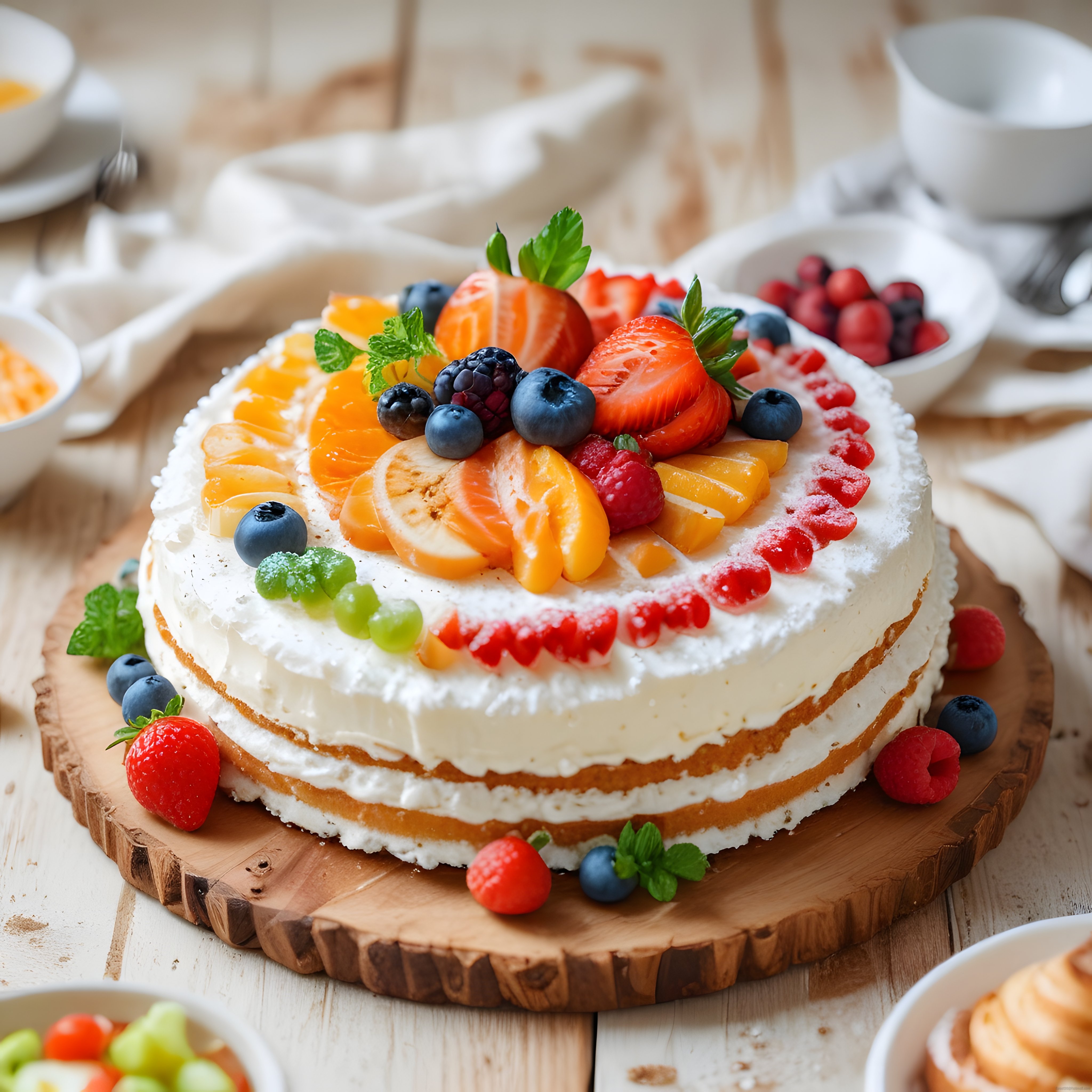 Taze Orman Meyveleri ve Şeftali Dilimleriyle Süslenmiş Kremalı Katmanlı Pasta