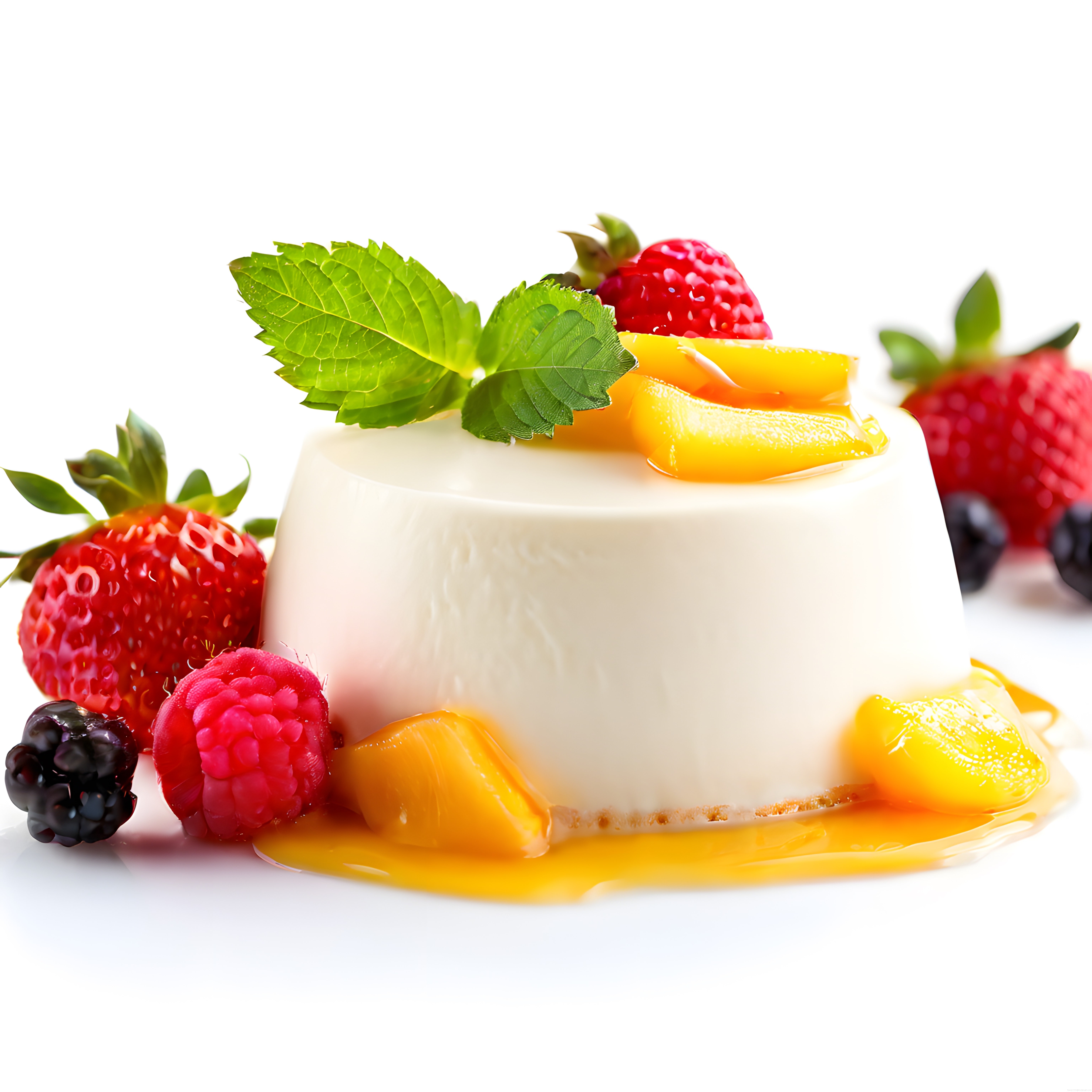Taze Orman Meyveleri ve Şeftali Sosuyla Süslenmiş Kremalı Panna Cotta Tatlısı