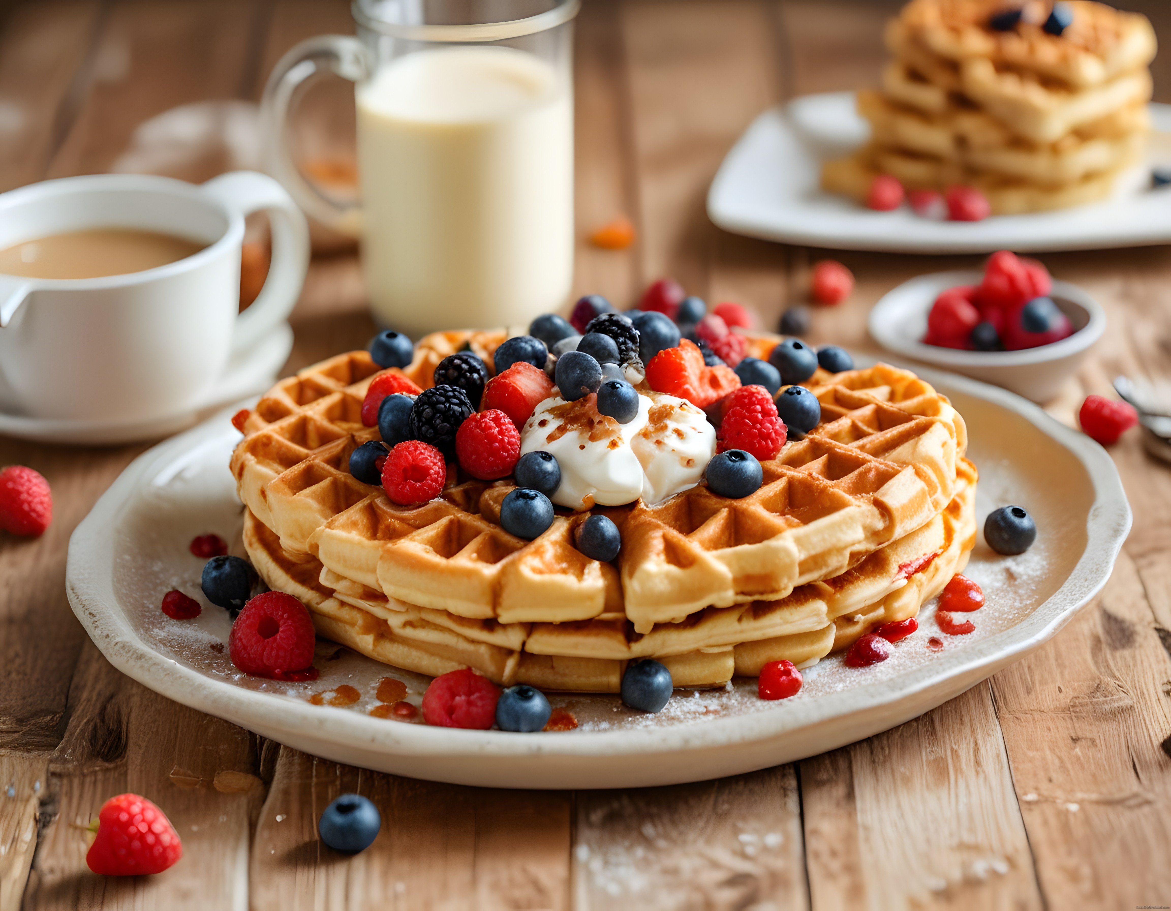 Taze Orman Meyveleri ve Yoğurt Kreması ile Süslenmiş Ev Yapımı Waffle Tabağı