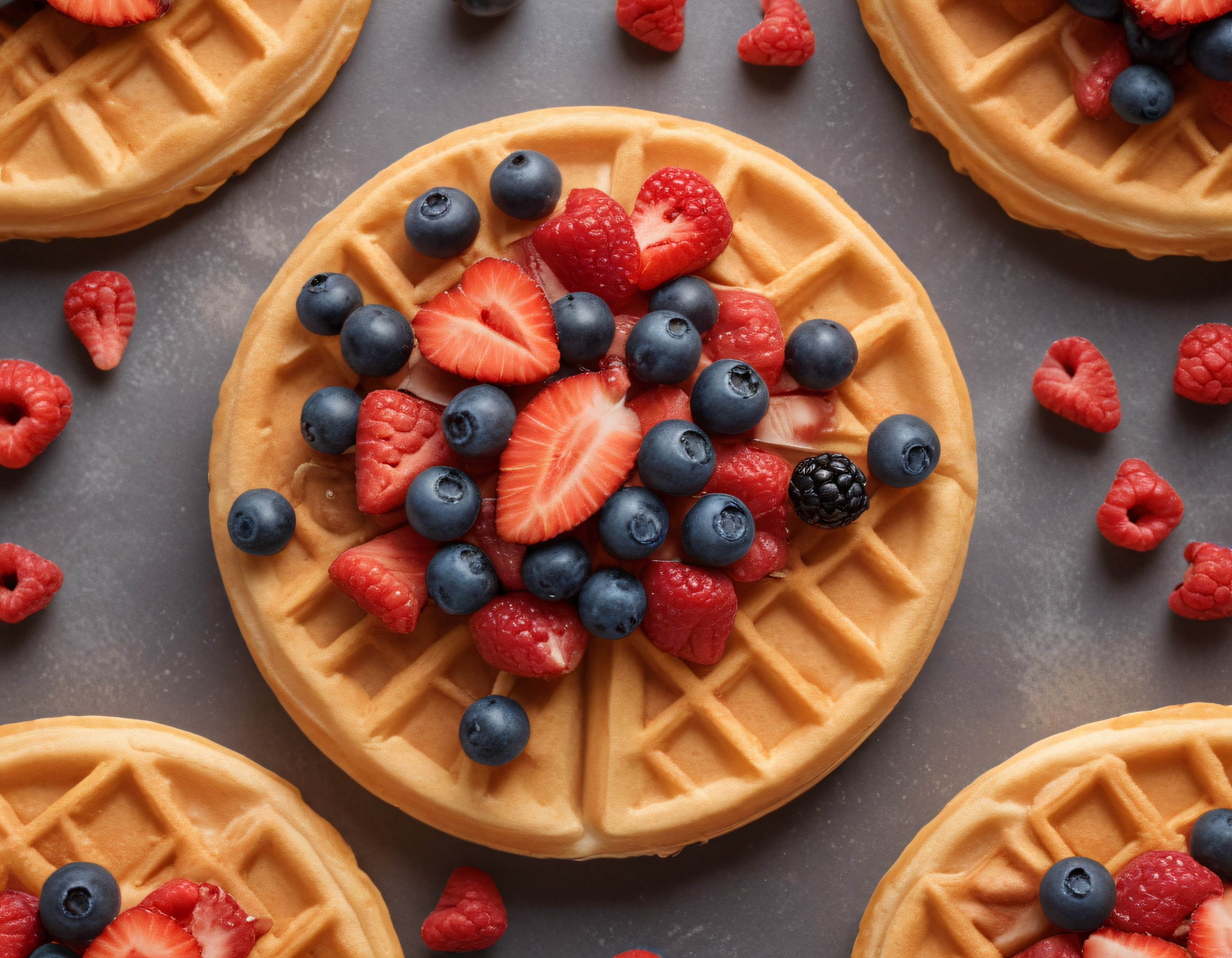 Taze Orman Meyveleriyle Süslenmiş Altın Rengi Waffle Kahvaltı Sunumu