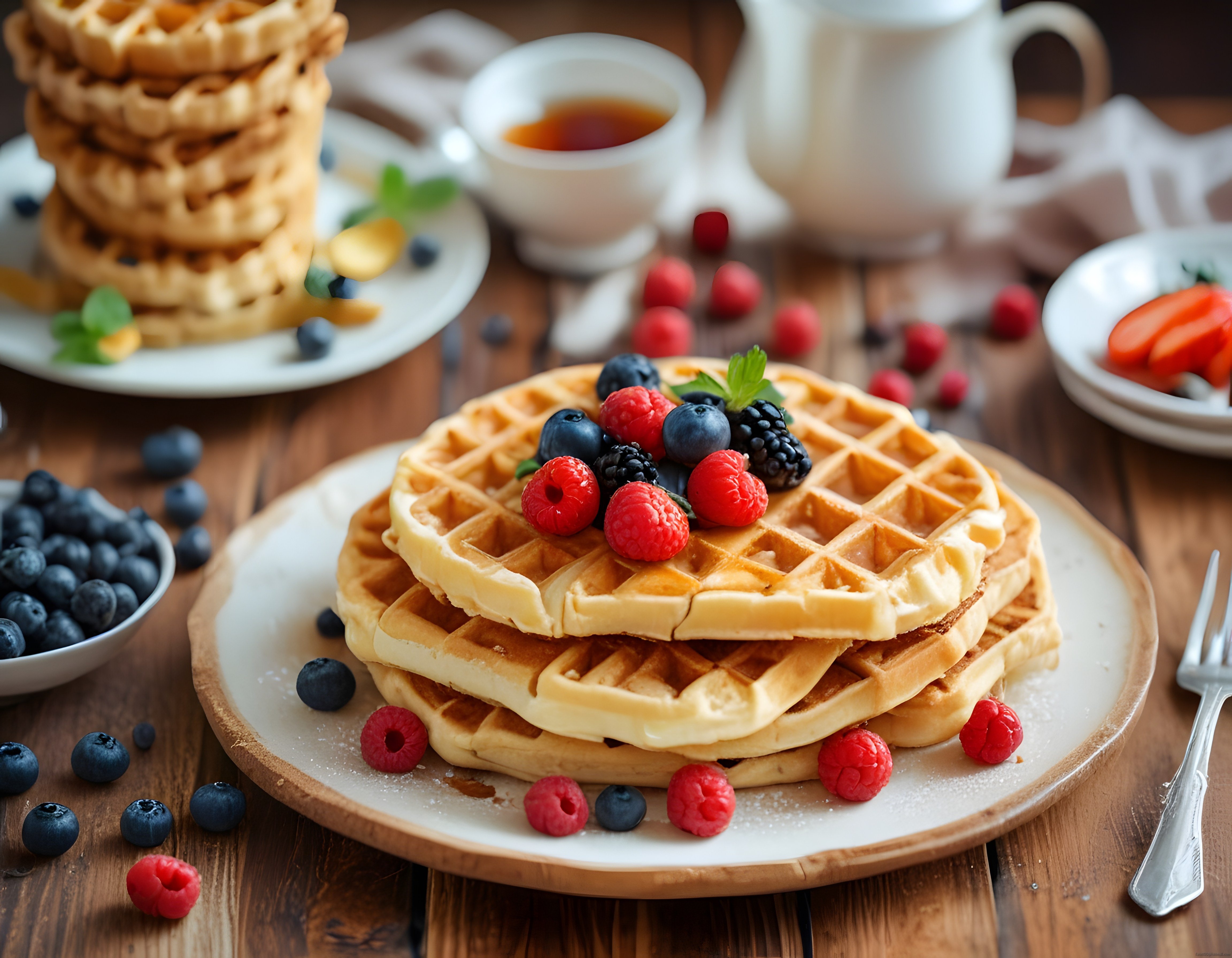 Taze Orman Meyveleriyle Süslenmiş Altın Rengi Waffle Kahvaltısı