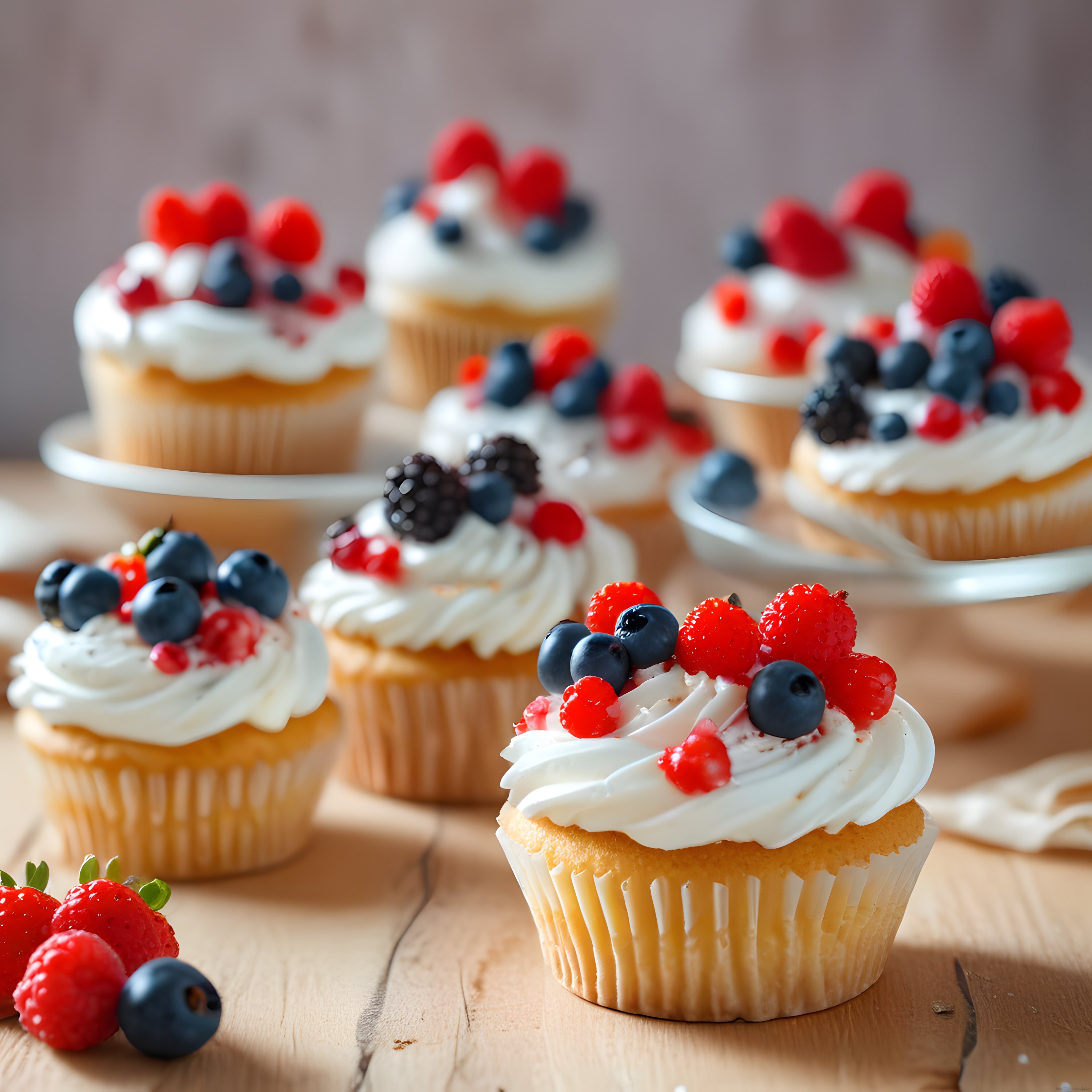 Taze orman meyveleriyle süslenmiş ev yapımı cupcake'ler ve tatlı sunumu