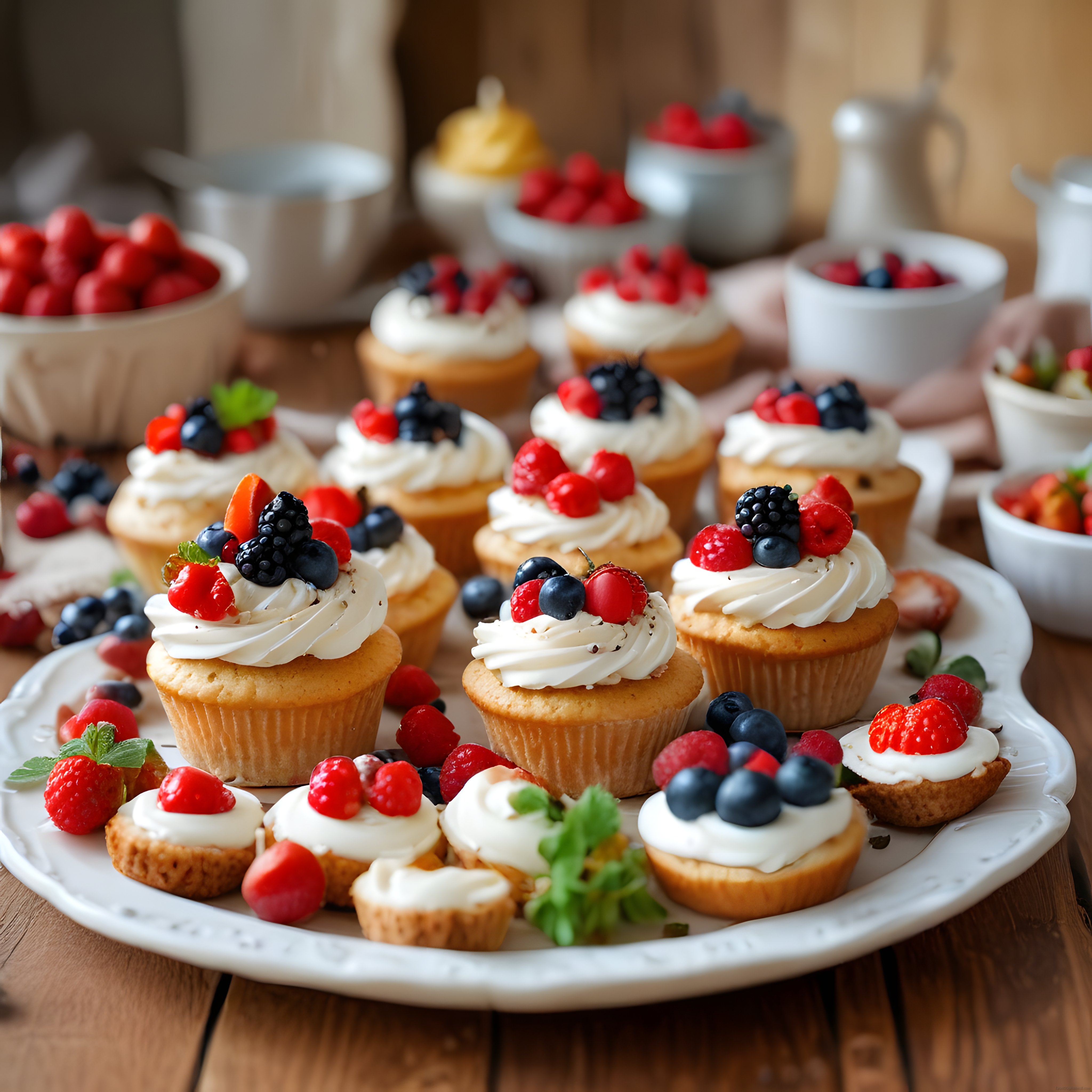 Taze Orman Meyveleriyle Süslenmiş Ev Yapımı Cupcake ve Tartletler