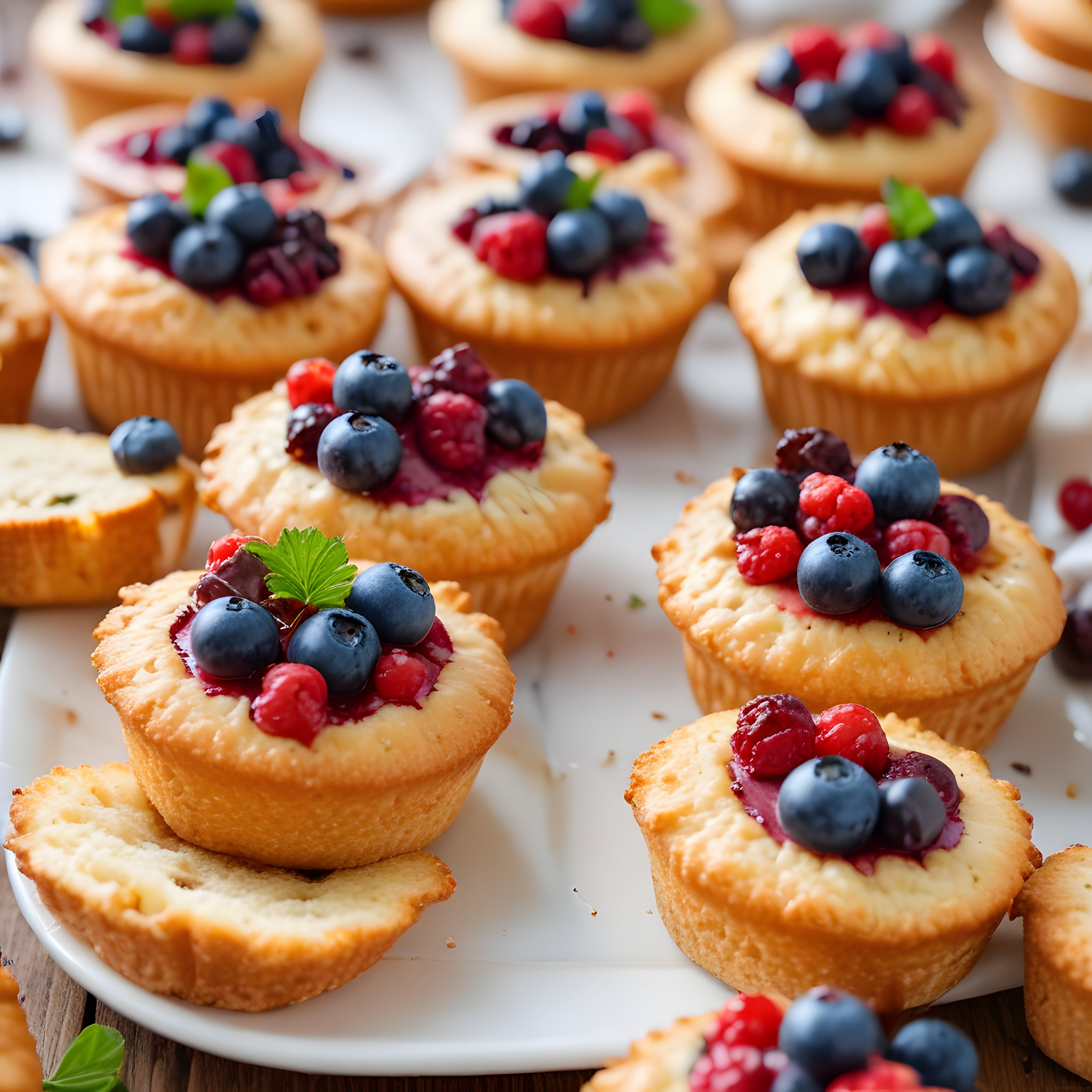 Taze orman meyveleriyle süslenmiş kıtır hamurlu ev yapımı mini tartoletler