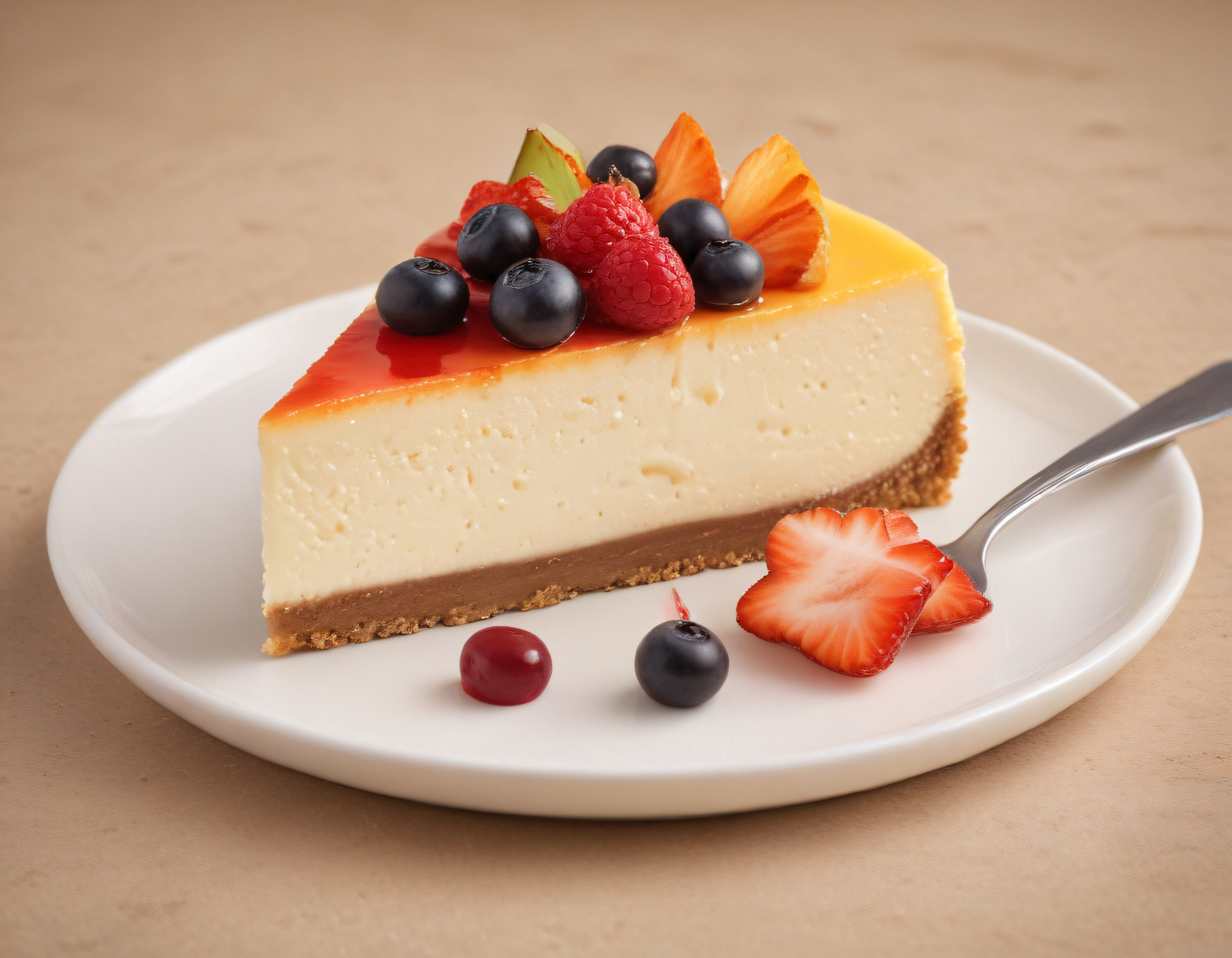Taze Orman Meyveleriyle Süslenmiş Kremalı Cheesecake Dilimi ve Tatlı Sunumu