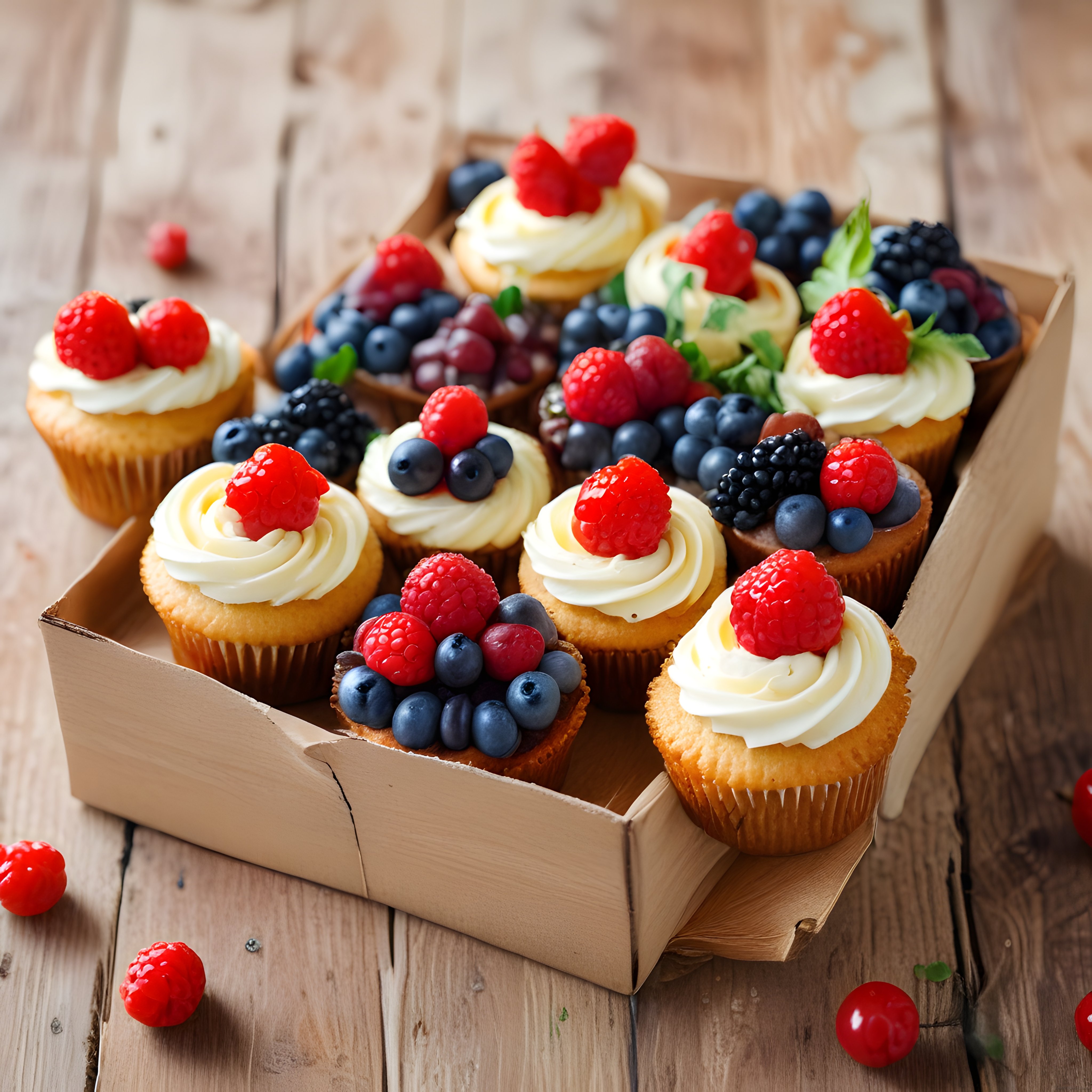 Taze Orman Meyveleriyle Süslenmiş Kremalı Cupcake'ler Ahşap Masada