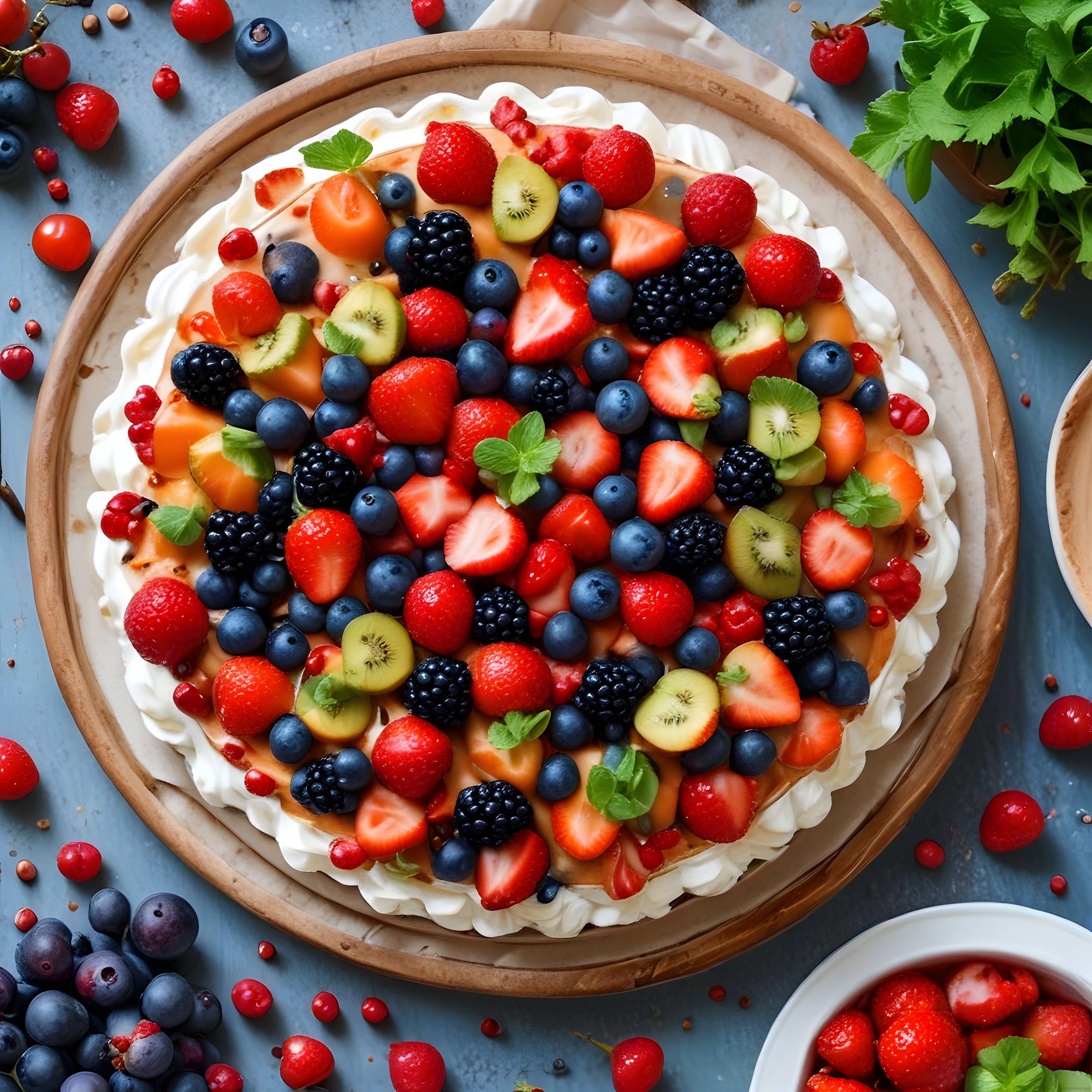 Taze Orman Meyveleriyle Süslenmiş Kremalı Tart ve Pasta Sunumu