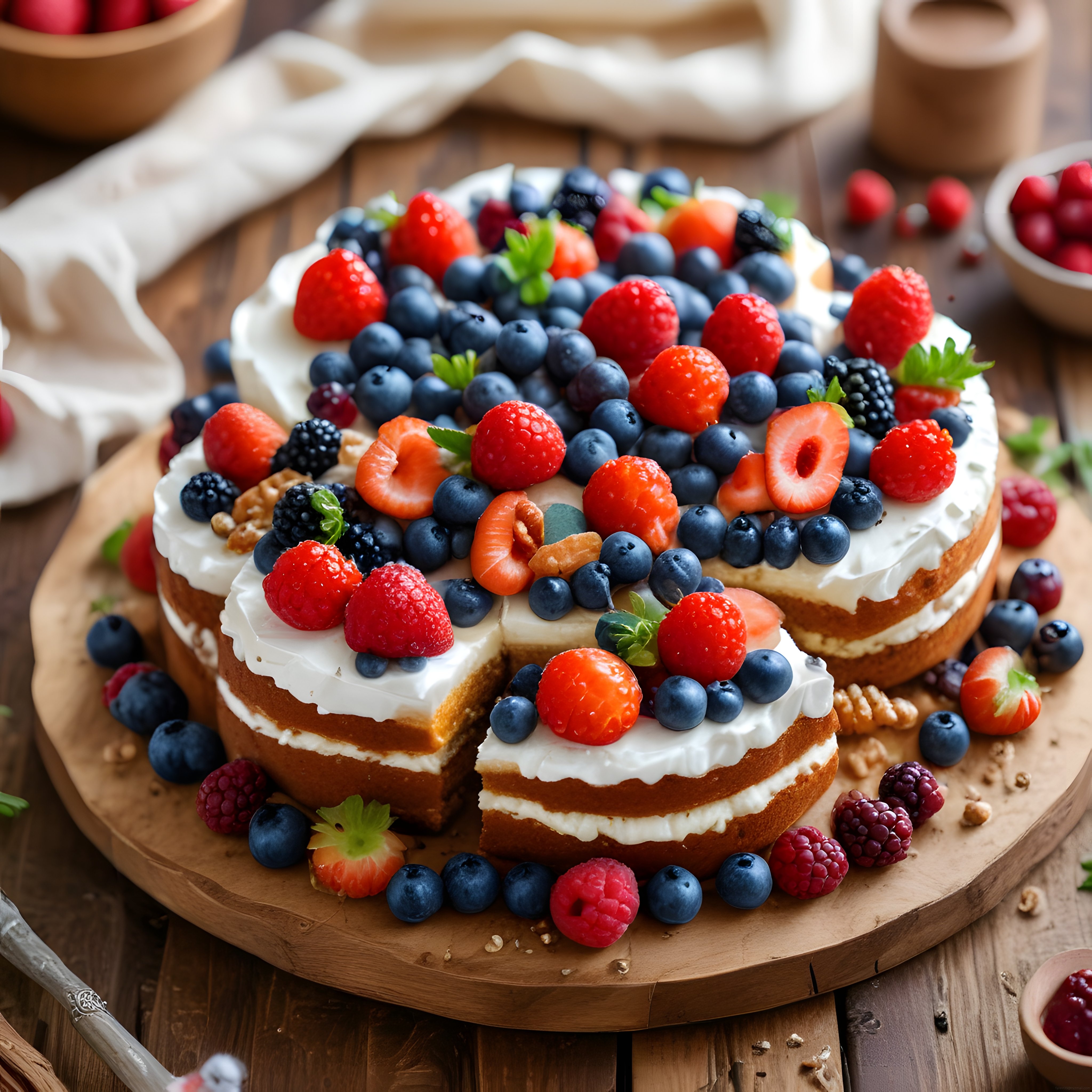 Taze Orman Meyveleriyle Süslenmiş Kremalı Tart ve Rustik Sunum